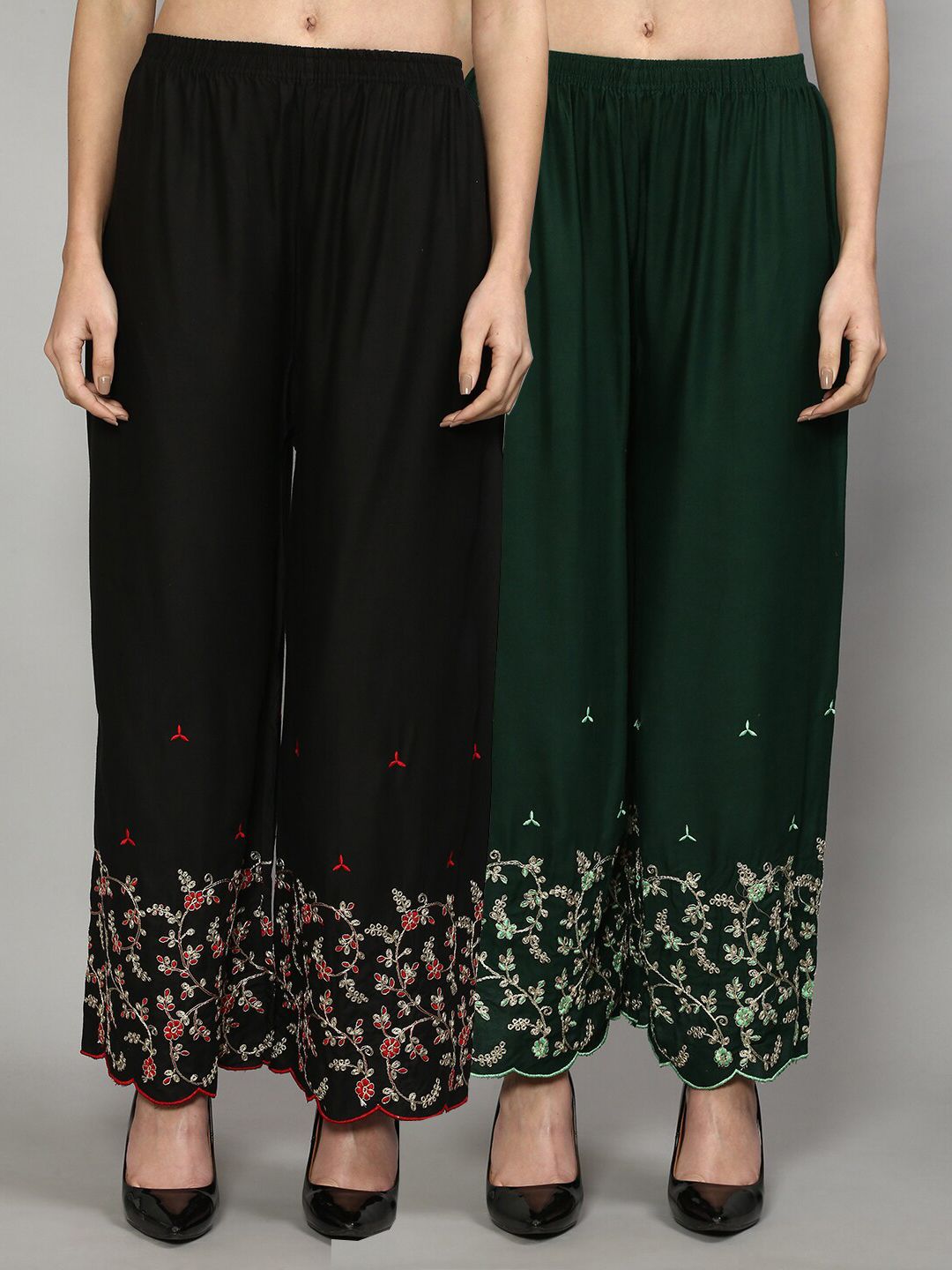 Jinfo Women Black & Green Set Of 2 Floral Embroidered Flared Ethnic Palazzos Price in India