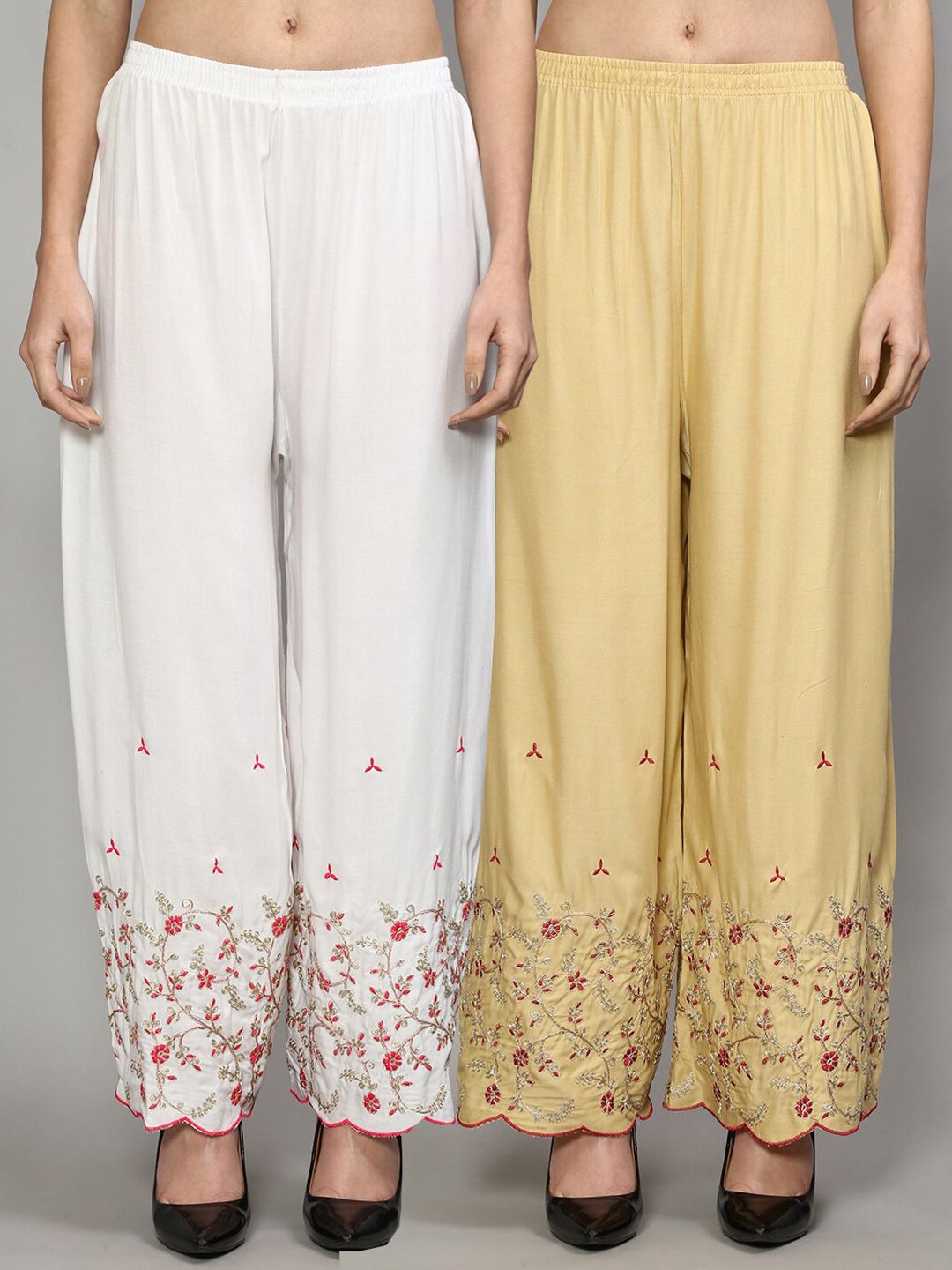 Jinfo Women White & Cream-Coloured Set of 2 Floral Embroidered Flared Ethnic Palazzos Price in India