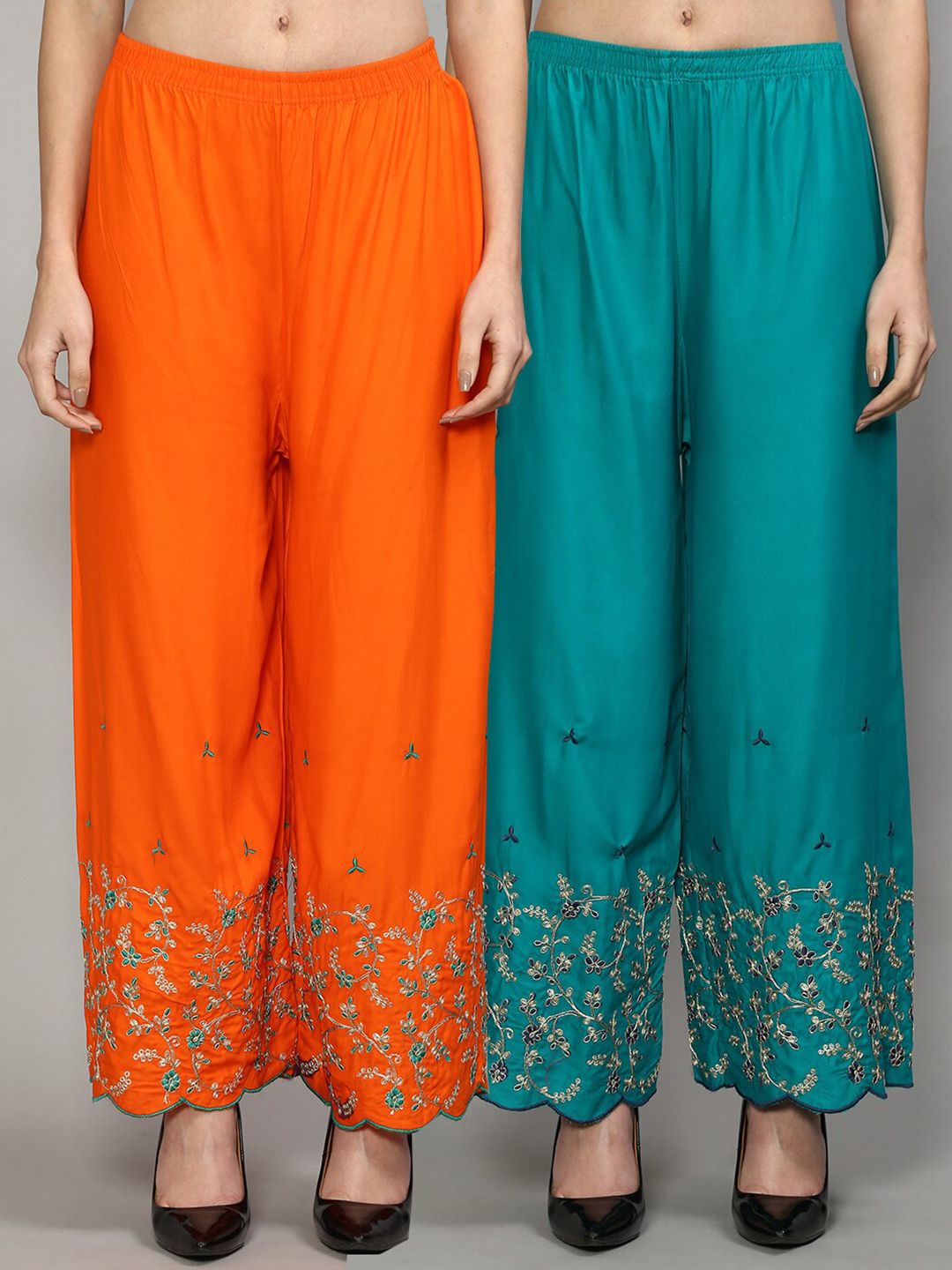 Jinfo Women Orange & Turquoise Blue Set Of 2 Floral Printed Straight Fit Palazzo Price in India