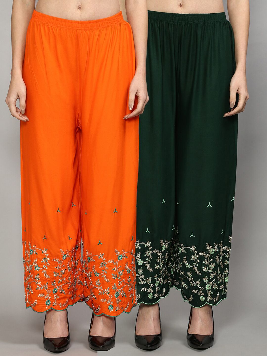 Jinfo Women Orange & Green Set Of 2 Floral Embroidered Flared Ethnic Palazzos Price in India