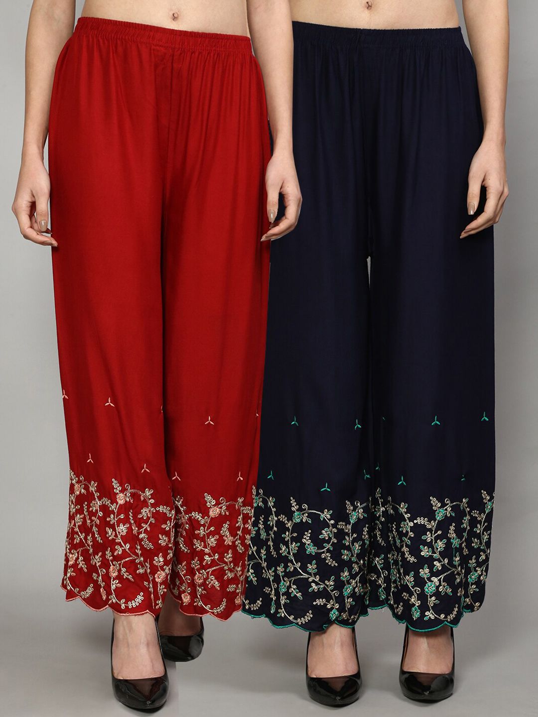 Jinfo Women Maroon & Navy Blue Set of 2 Floral Embroidered Flared Ethnic Palazzos Price in India