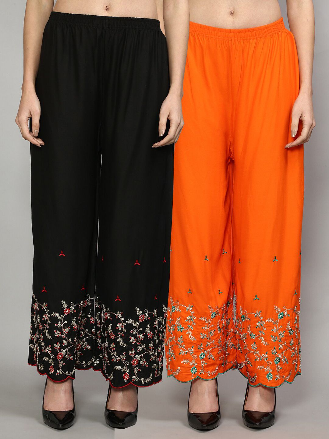 Jinfo Women Black & Orange Pack of 2 Floral Embroidered Flared Knitted Ethnic Palazzos Price in India