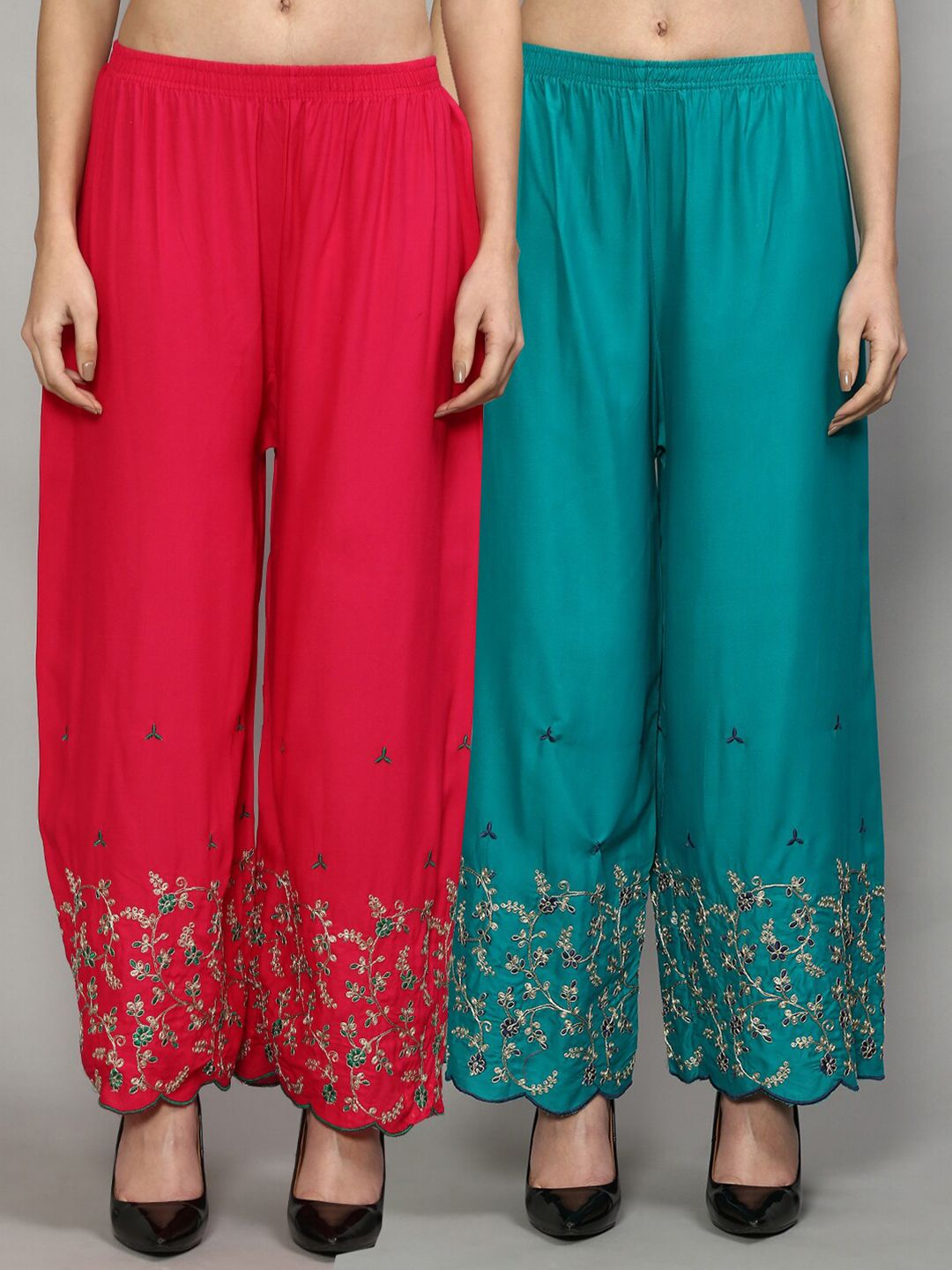 Jinfo Women Pink & Blue Pack of 2 Floral Embroidered Ethnic Palazzos Price in India