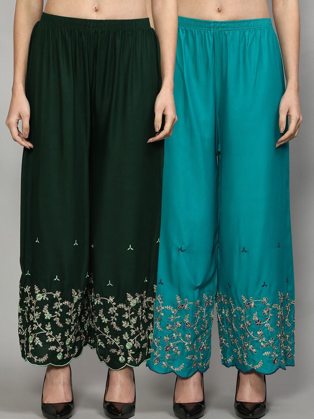 Jinfo Women Green & Turquoise Blue Pack of 2 Floral Embroidered Flared Ethnic Palazzos Price in India