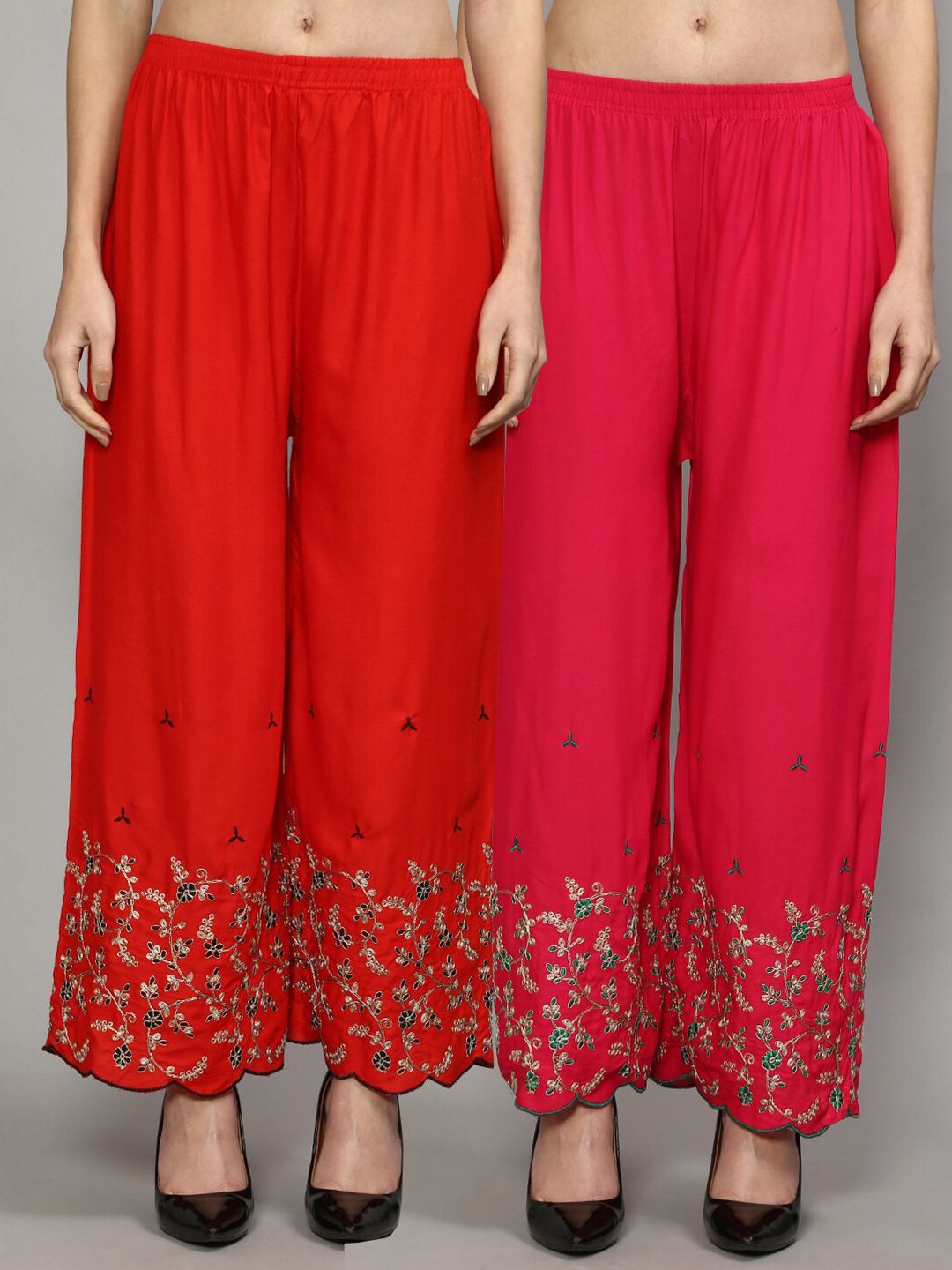 Jinfo Red & Pink Set Of 2 Floral Printed Straight Fit Palazzo Price in India