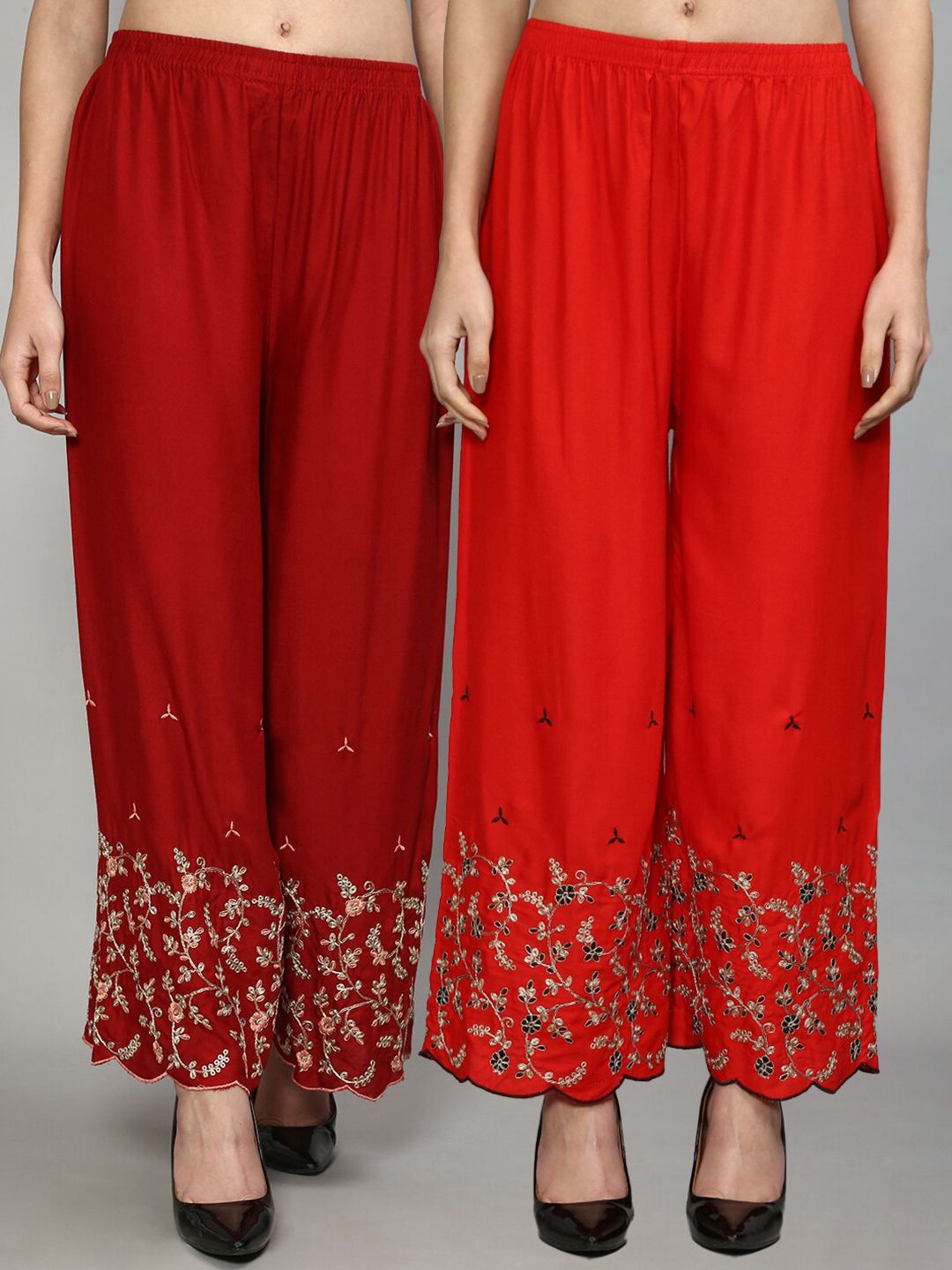 Jinfo Women Red & Gold-Toned Set Of 2 Floral Embroidered Flared Ethnic Palazzos Price in India