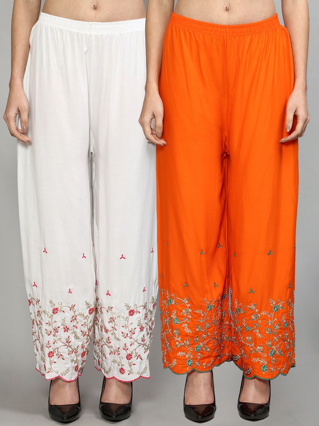 Jinfo Women White & Orange Set of 2 Floral Embroidered Flared Knitted Ethnic Palazzos Price in India