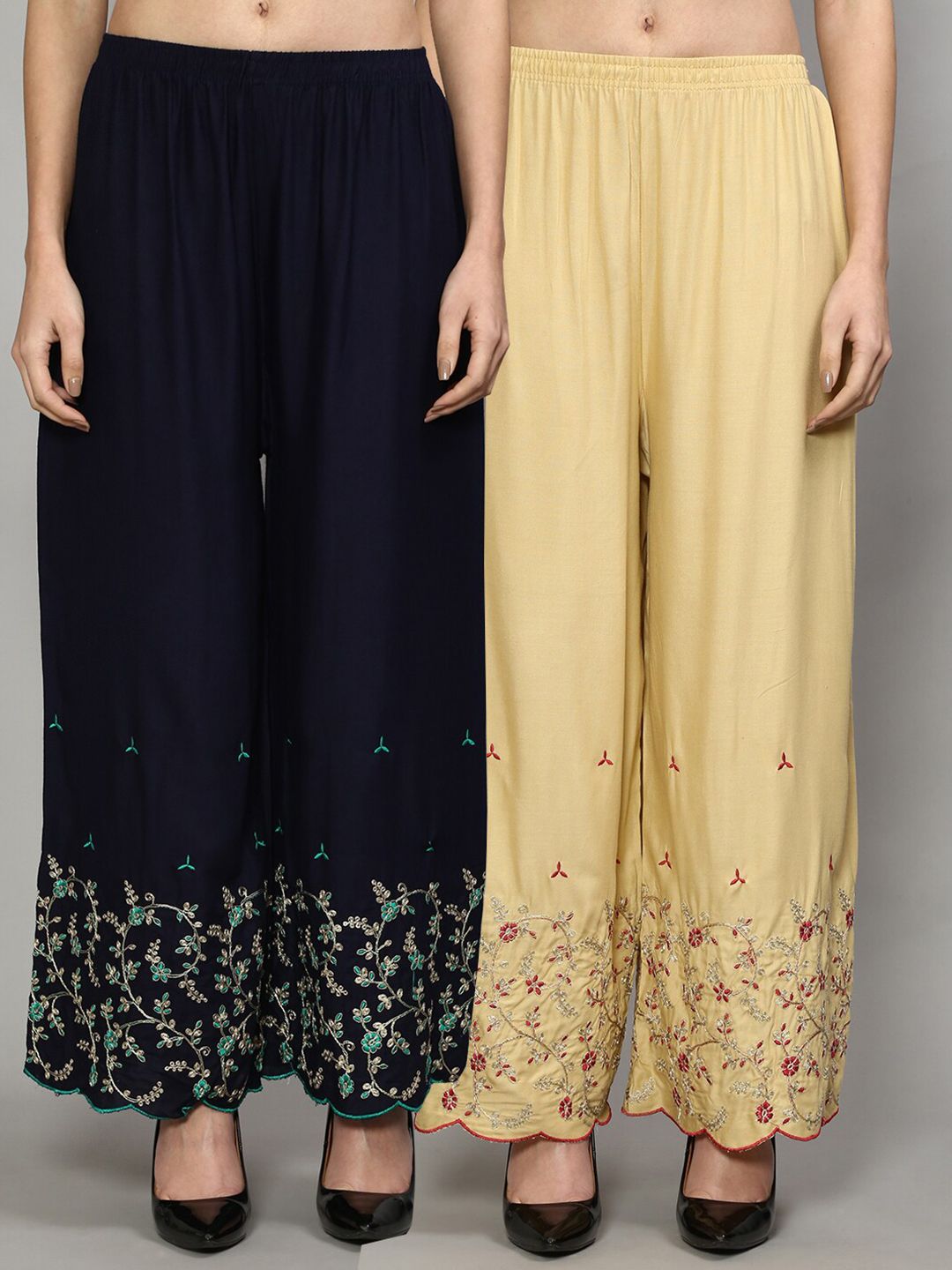 Jinfo Women Navy Blue & Beige Pack of 2 Floral Embroidered Flared Ethnic Palazzos Price in India