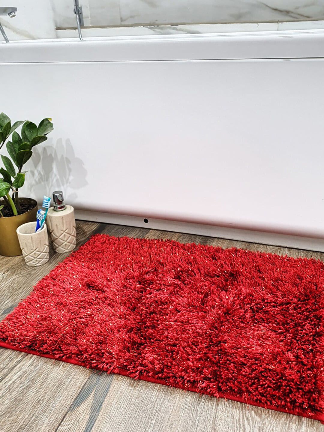 AVI Living Red 1350 GSM Solid Rectangular Anti Skid Bath Rug Price in India