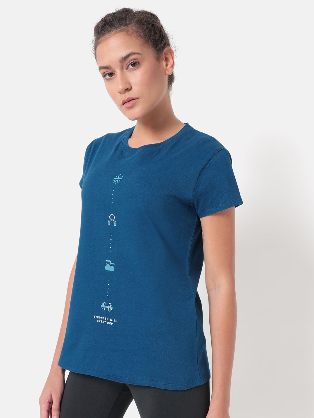 Cultsport Women Teal Blue & White Typography Printed Fly Dry Running Pure Cotton T-shirt Price in India