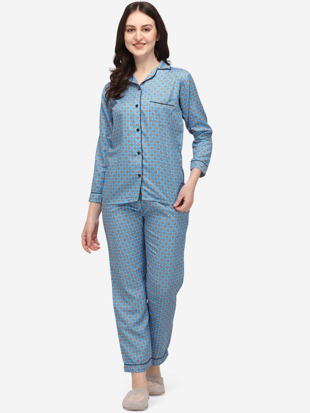 House of JAMMIES Women Blue & Orange Printed Night suit Price in India