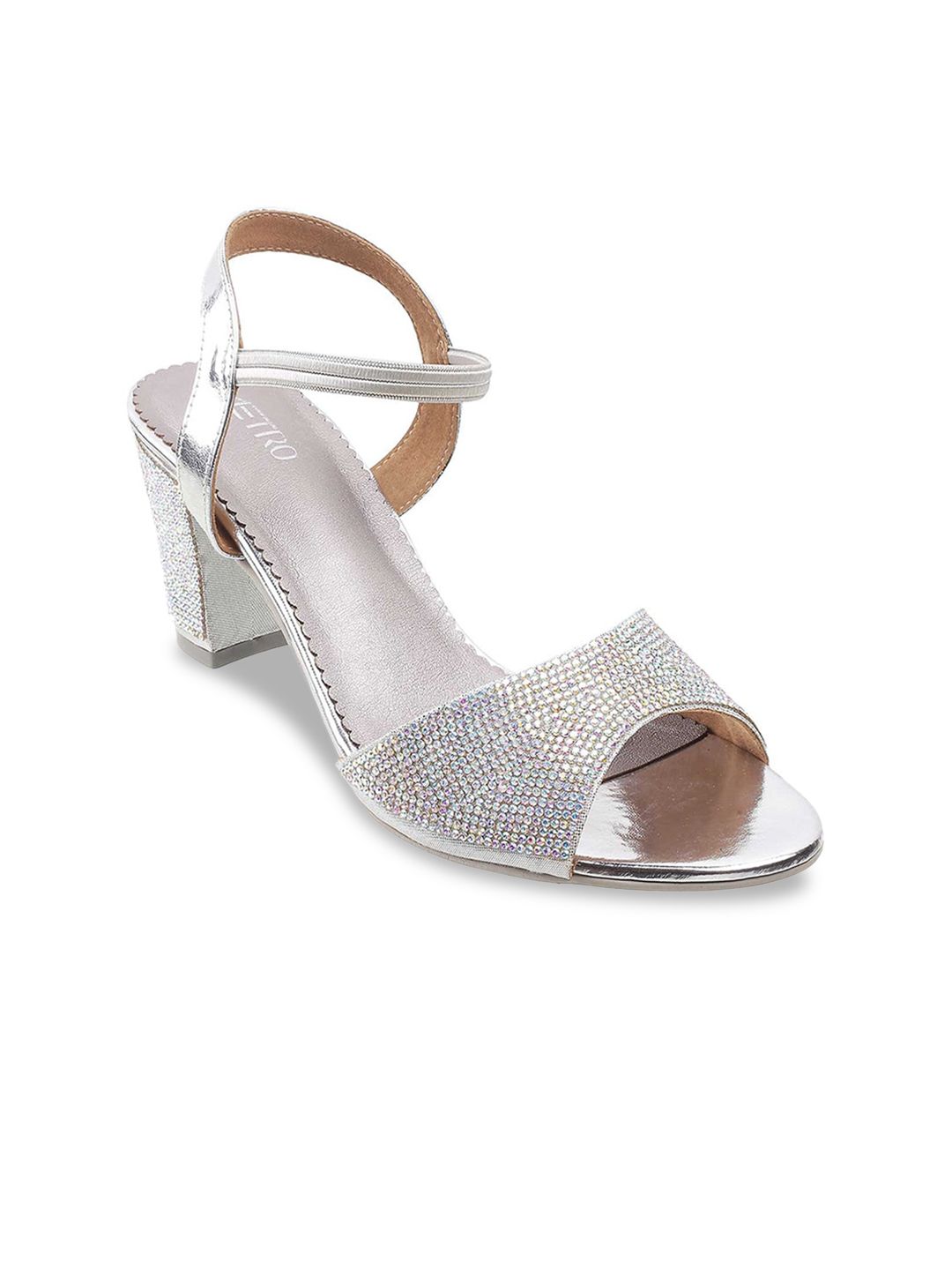 Metro Silver-Toned Embellished Block Sandals Price in India