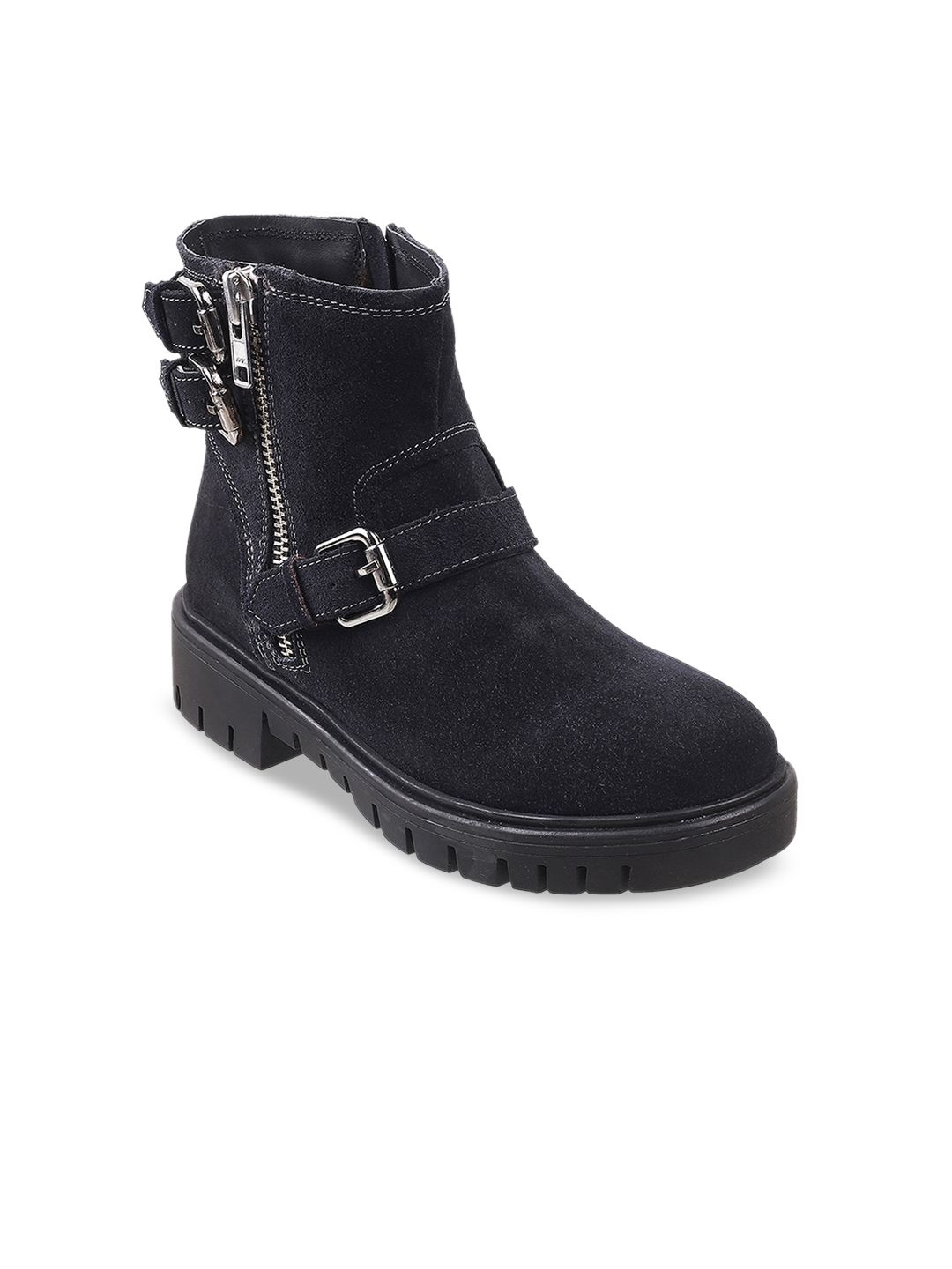Metro Women Navy Blue High-Top Flat Boots With Buckles Price in India