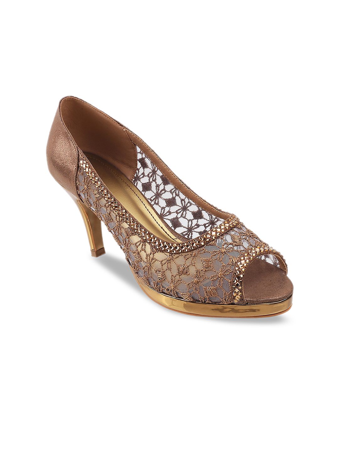 Metro Women Gold Embellished Woven Design Peep Toes Price in India