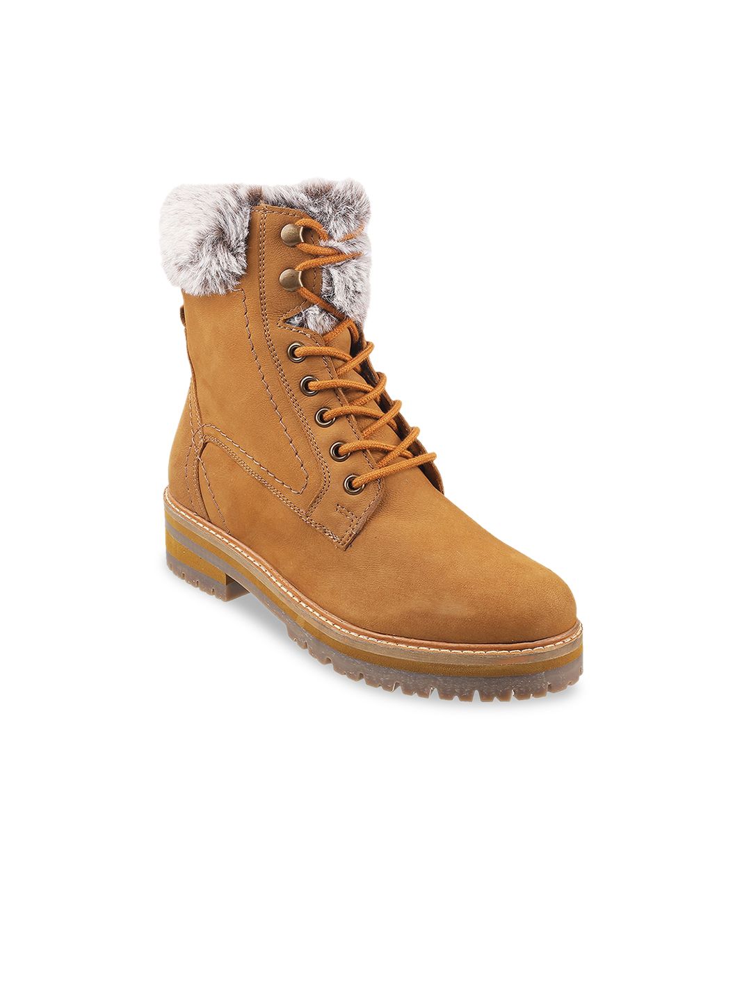 Metro Women Tan Suede High-Top Flat Boots With Faux Fur Price in India