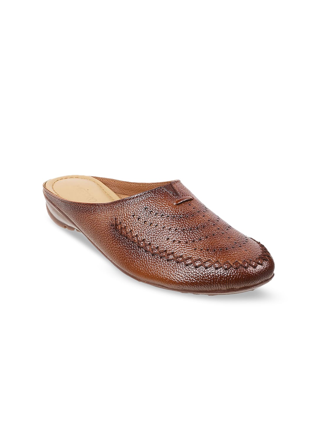Metro Women Rust Textured Leather Mules with Laser Cuts Flats Price in India