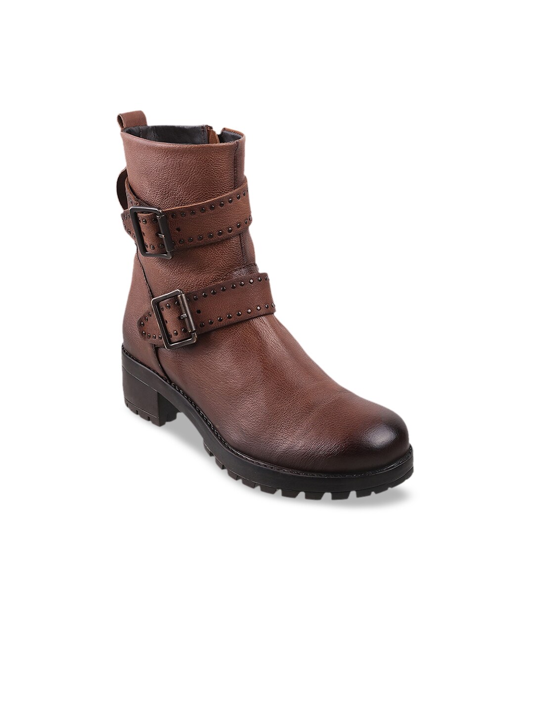 Metro Tan Brown Block Heeled Boots with Buckles Price in India
