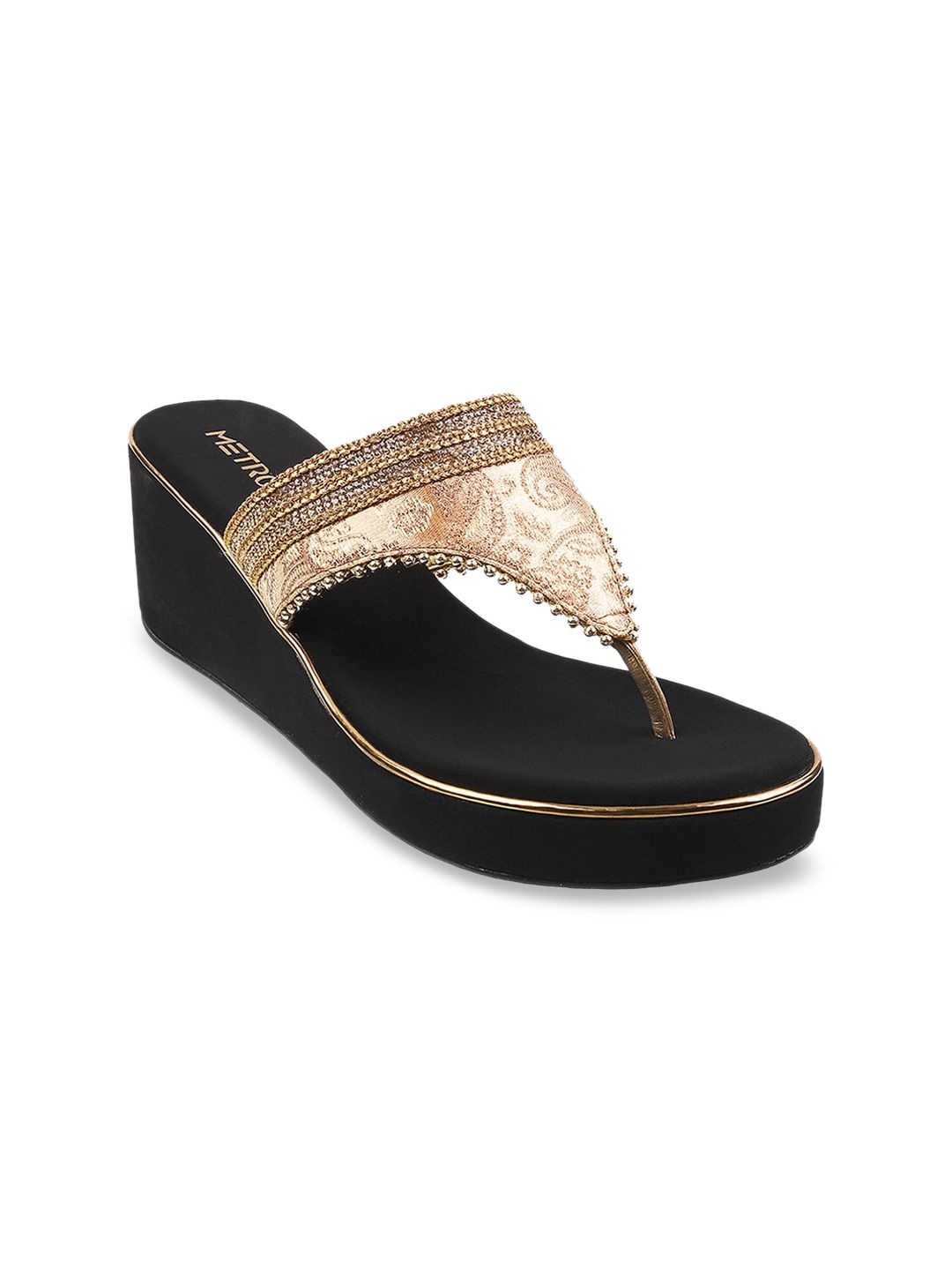 Metro Women Black & Gold-Toned Woven Design Wedge Heel Sandals Price in India