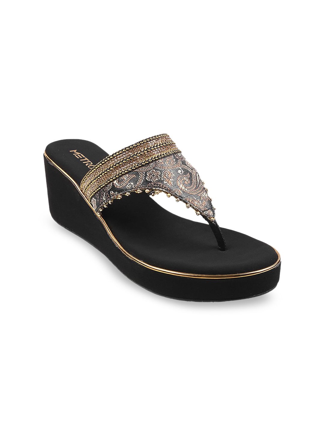 Metro Black Embellished Wedge Sandals Price in India