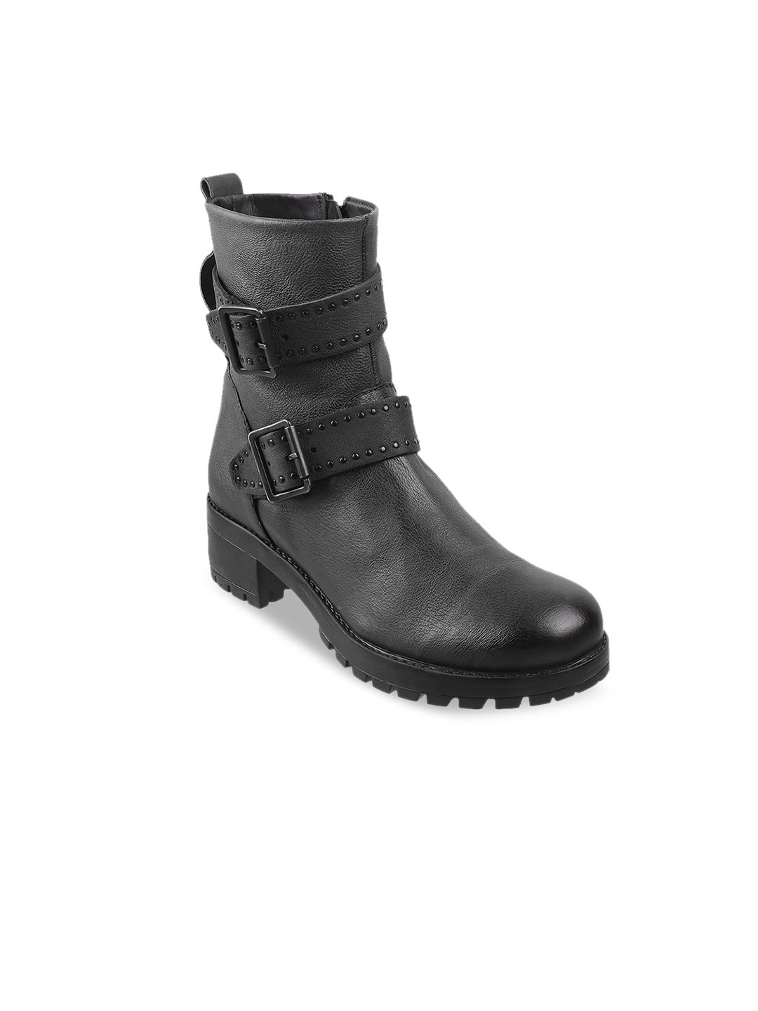Metro Black Block Heeled Boots with Buckles Price in India