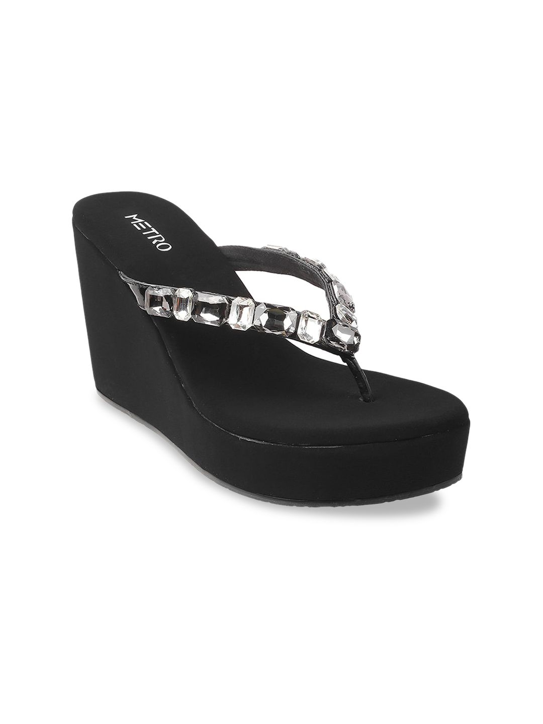 Metro Black & Silver-Toned Embellished Wedges Price in India