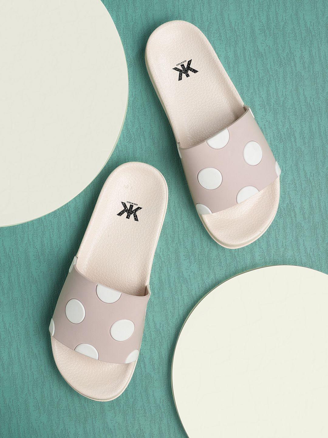 Kook N Keech Women Nude-Coloured & White Polka Dot Embossed Sliders Price in India