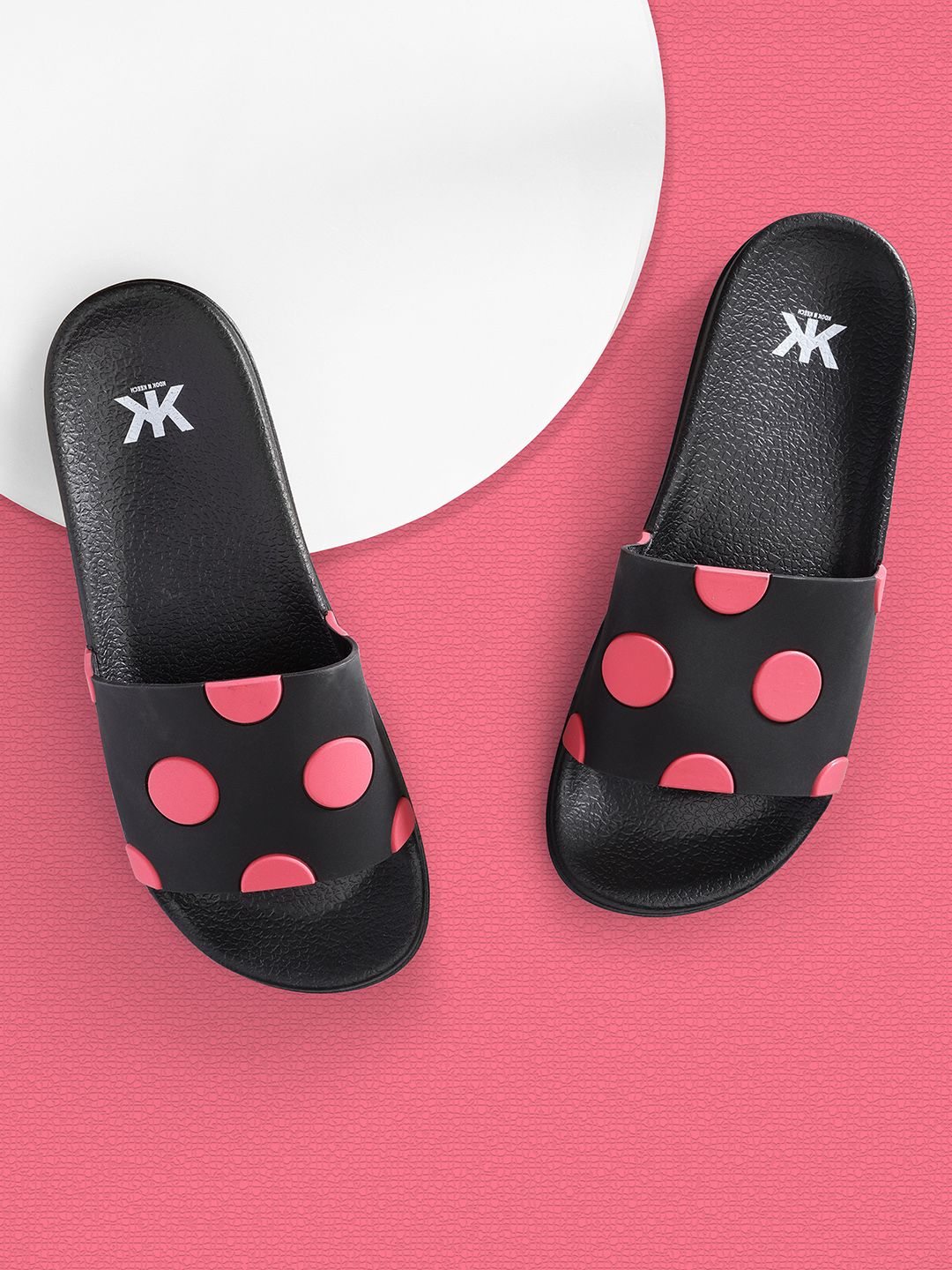 Kook N Keech Women Black & Pink Polka Dot Embossed Sliders Price in India
