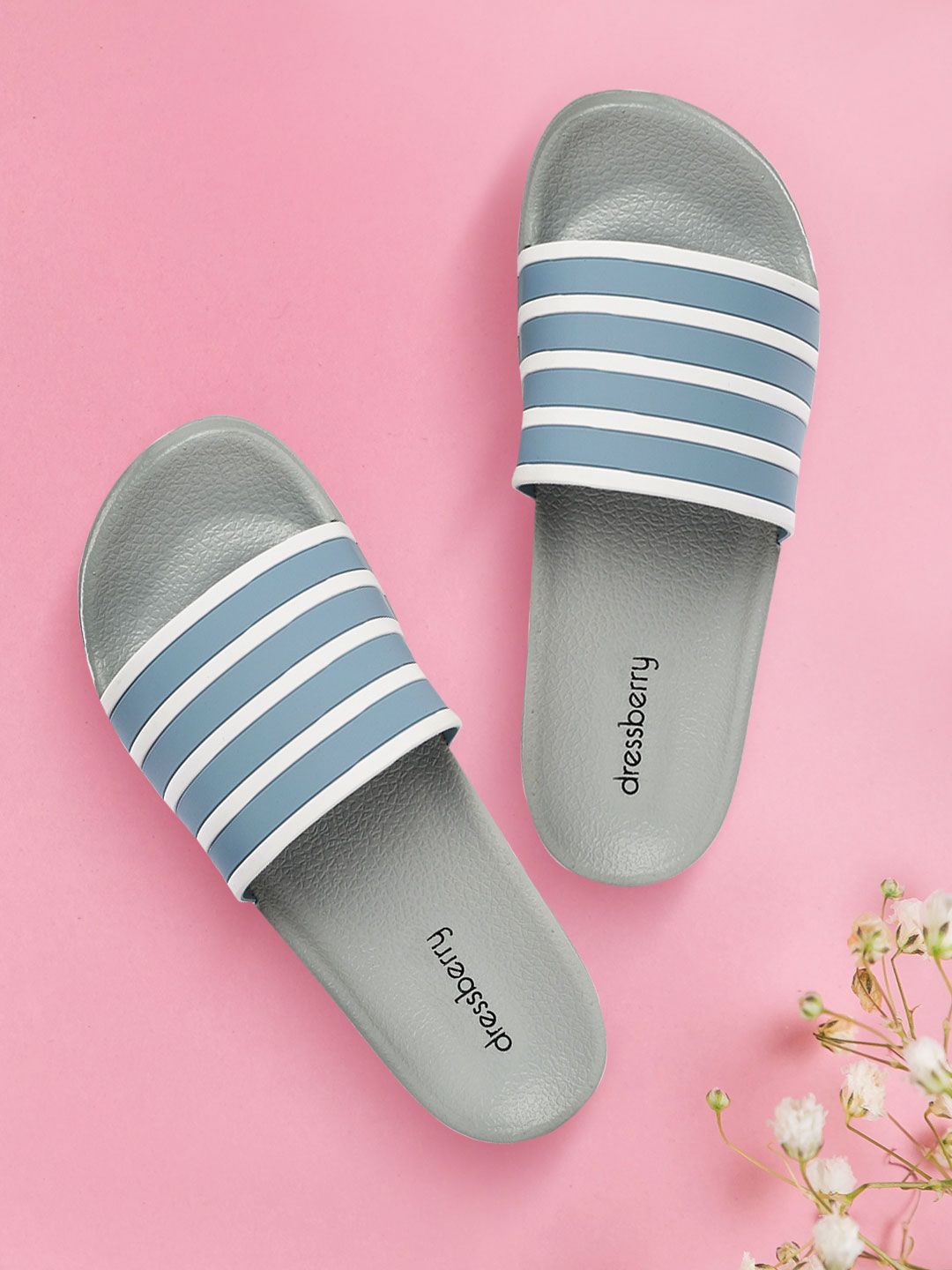 DressBerry Women Blue & White Striped Sliders Price in India