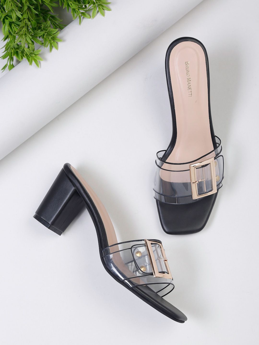 Bruno Manetti Black & Transparent PU Block Sandals With Buckles Detail Price in India