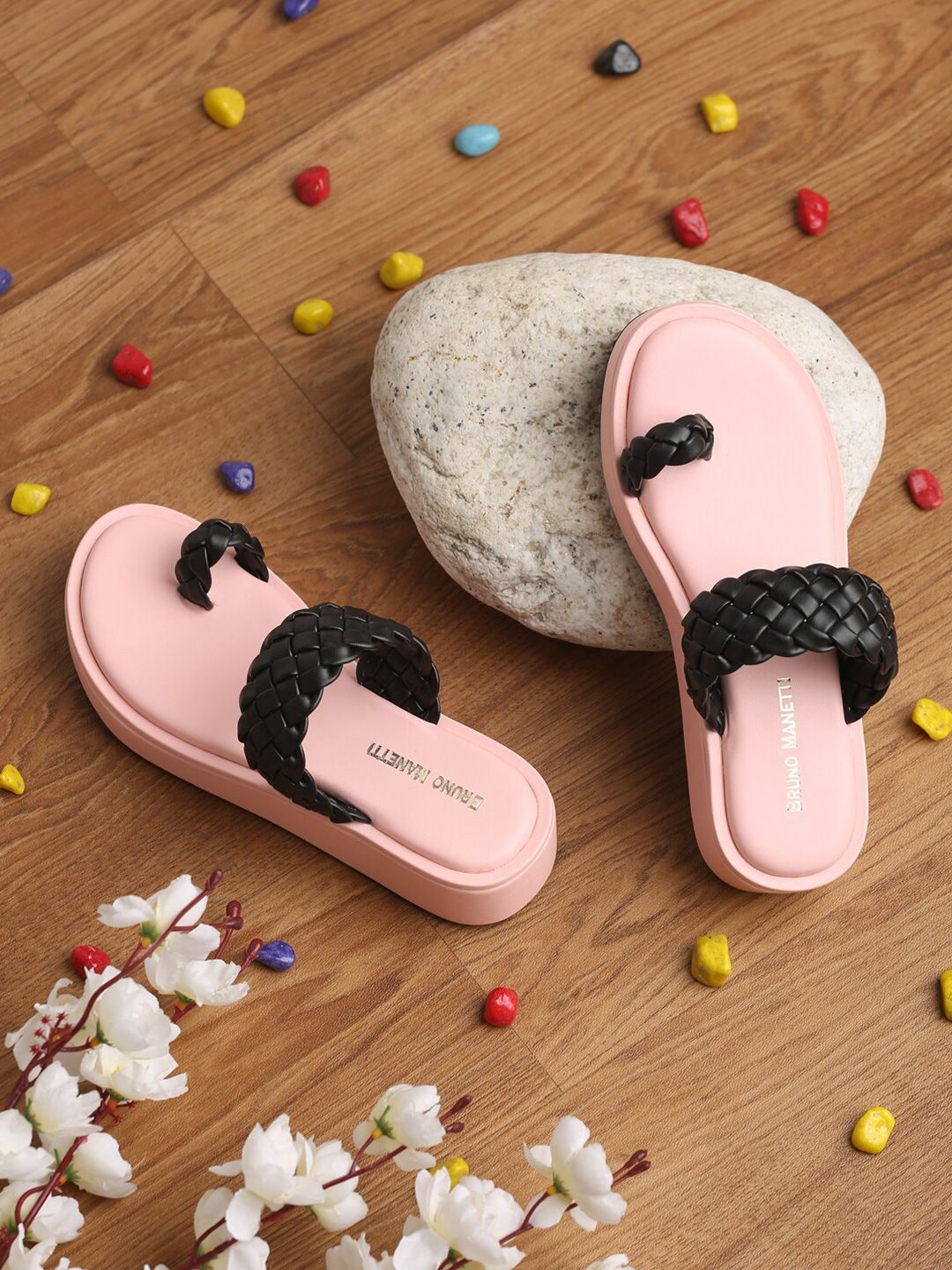 Bruno Manetti Women Pink & Black PU Comfort Sandals Price in India