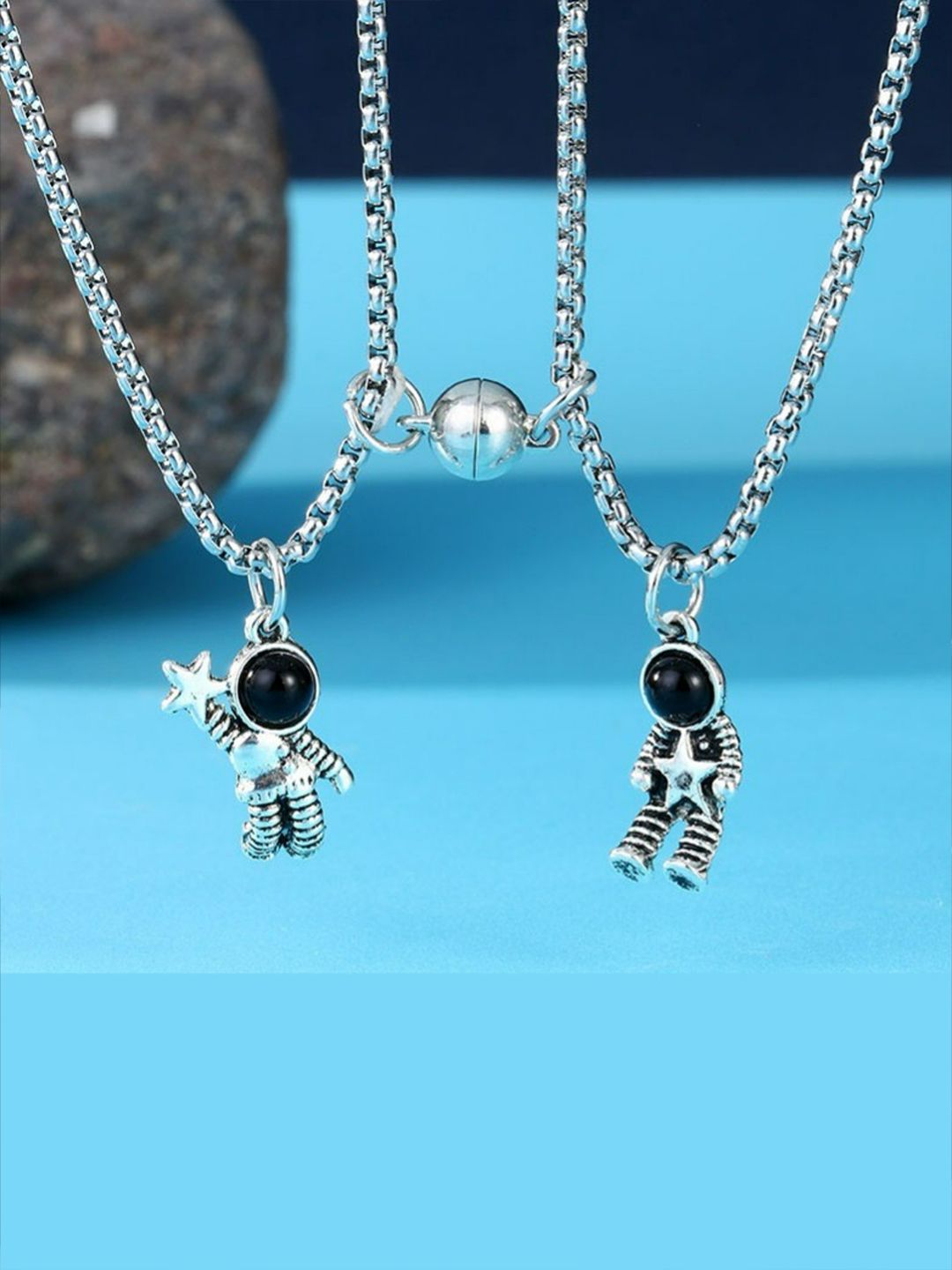 EL REGALO Unisex Silver-Toned & Black Set of 2 Chain Necklace Price in India