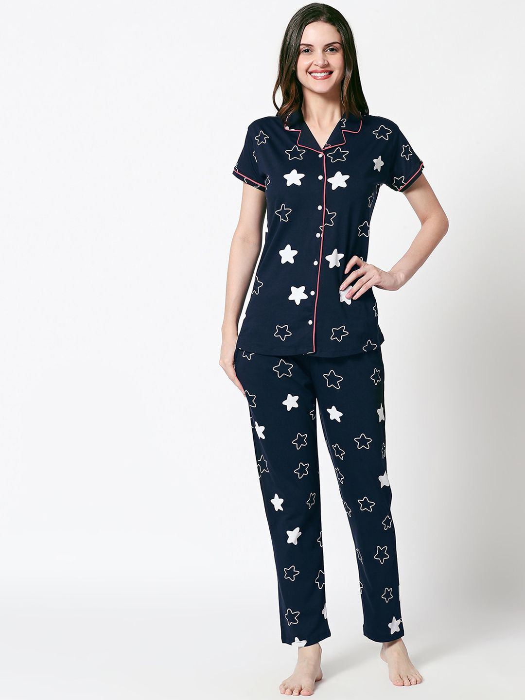 Zeyo Women Navy Blue & White Printed Pure Cotton Night suit Price in India