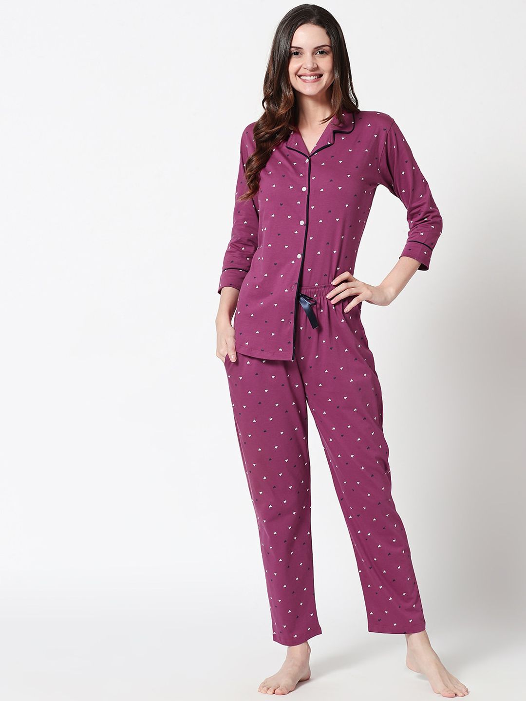 Zeyo Women Purple & White Printed Pure Cotton Night suit Price in India