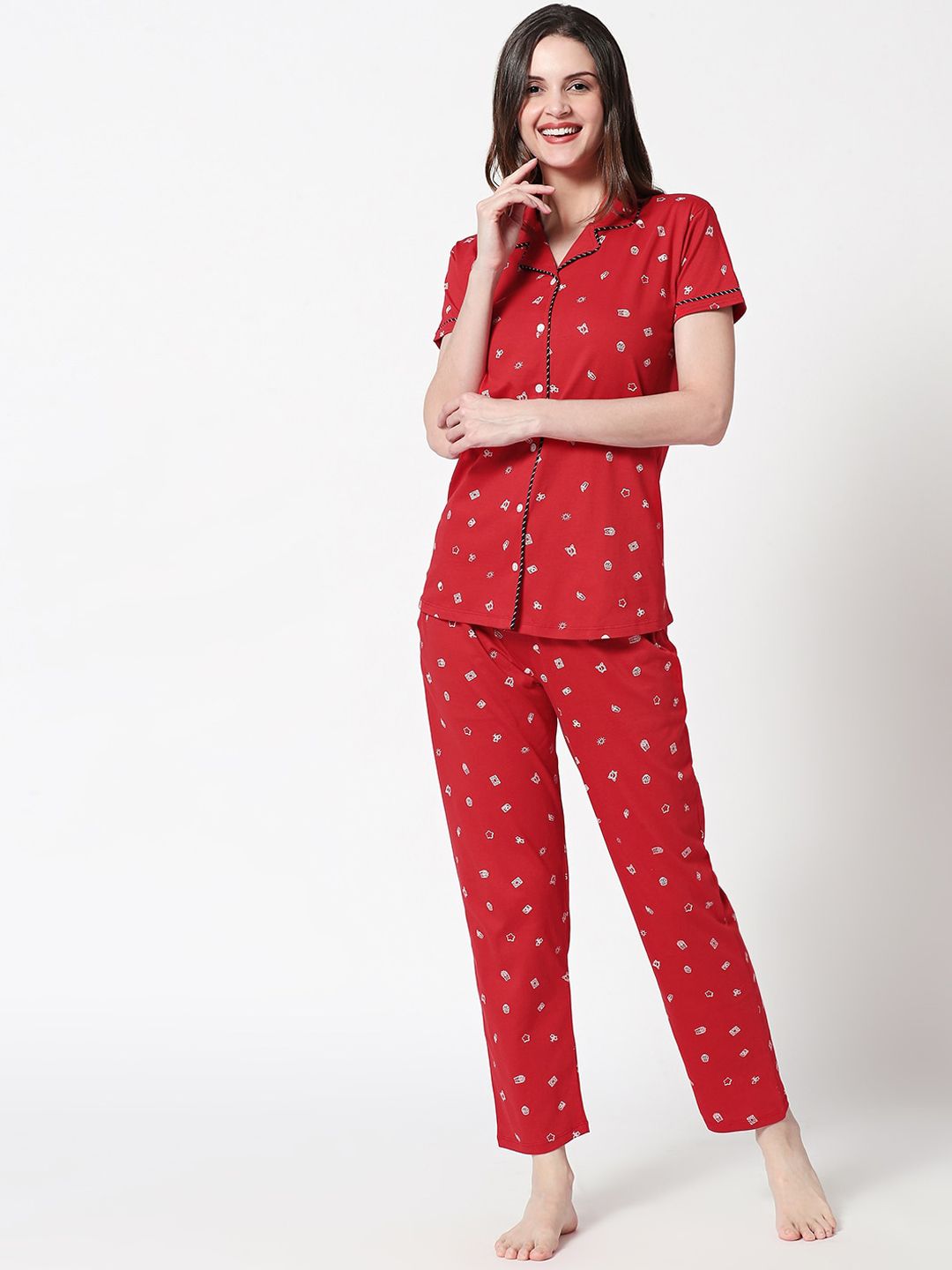 Zeyo Women Red & White Printed Pure Cotton Night Suit Price in India