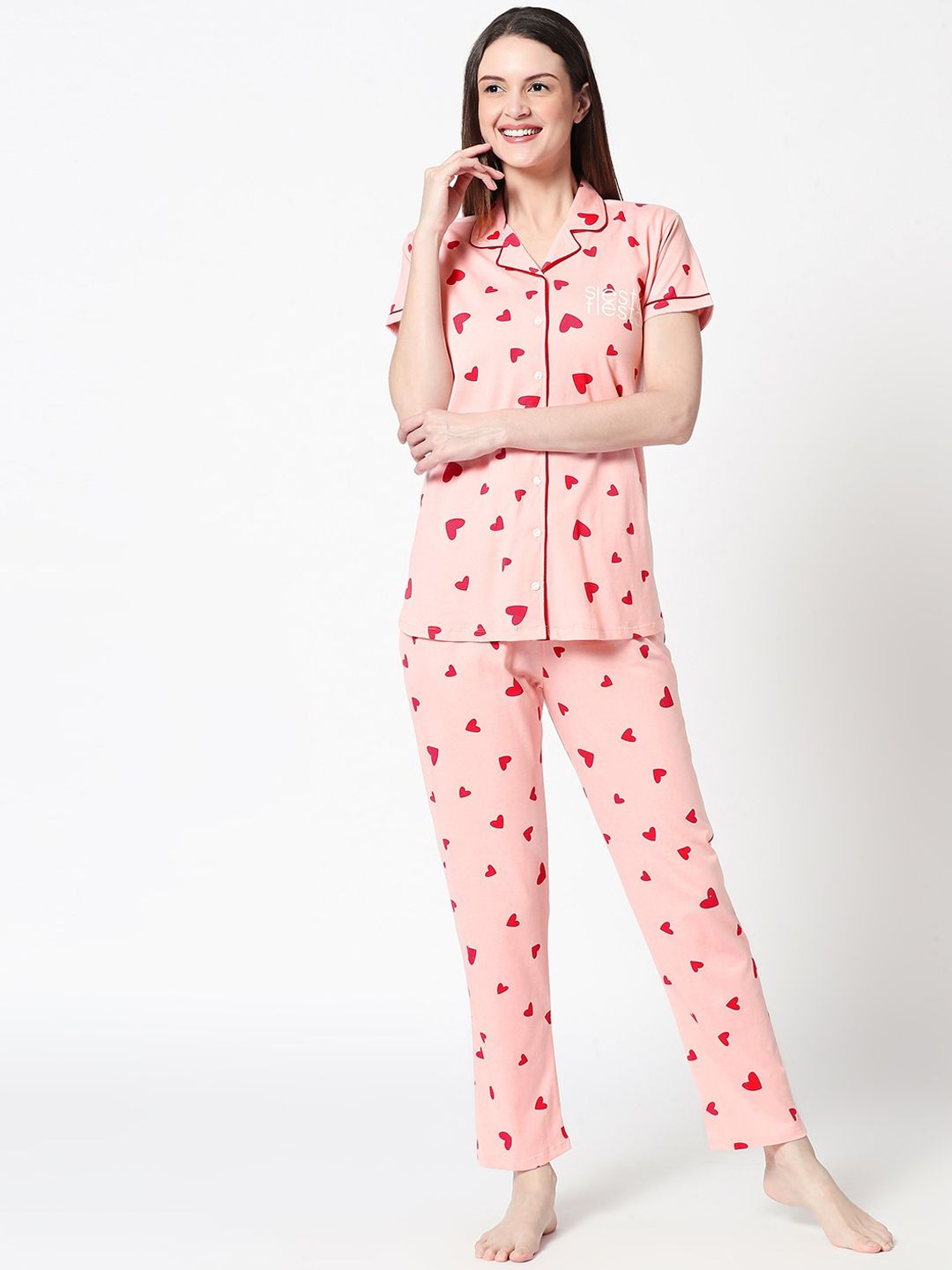 Zeyo Women Peach-Coloured & Red Printed Pure Cotton Night suit Price in India