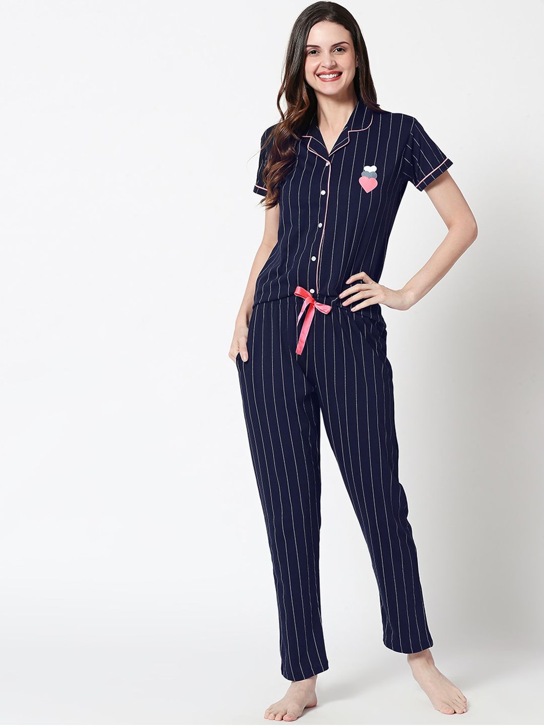 Zeyo Women Navy Blue & Pink Striped Pure Cotton Night suit Price in India