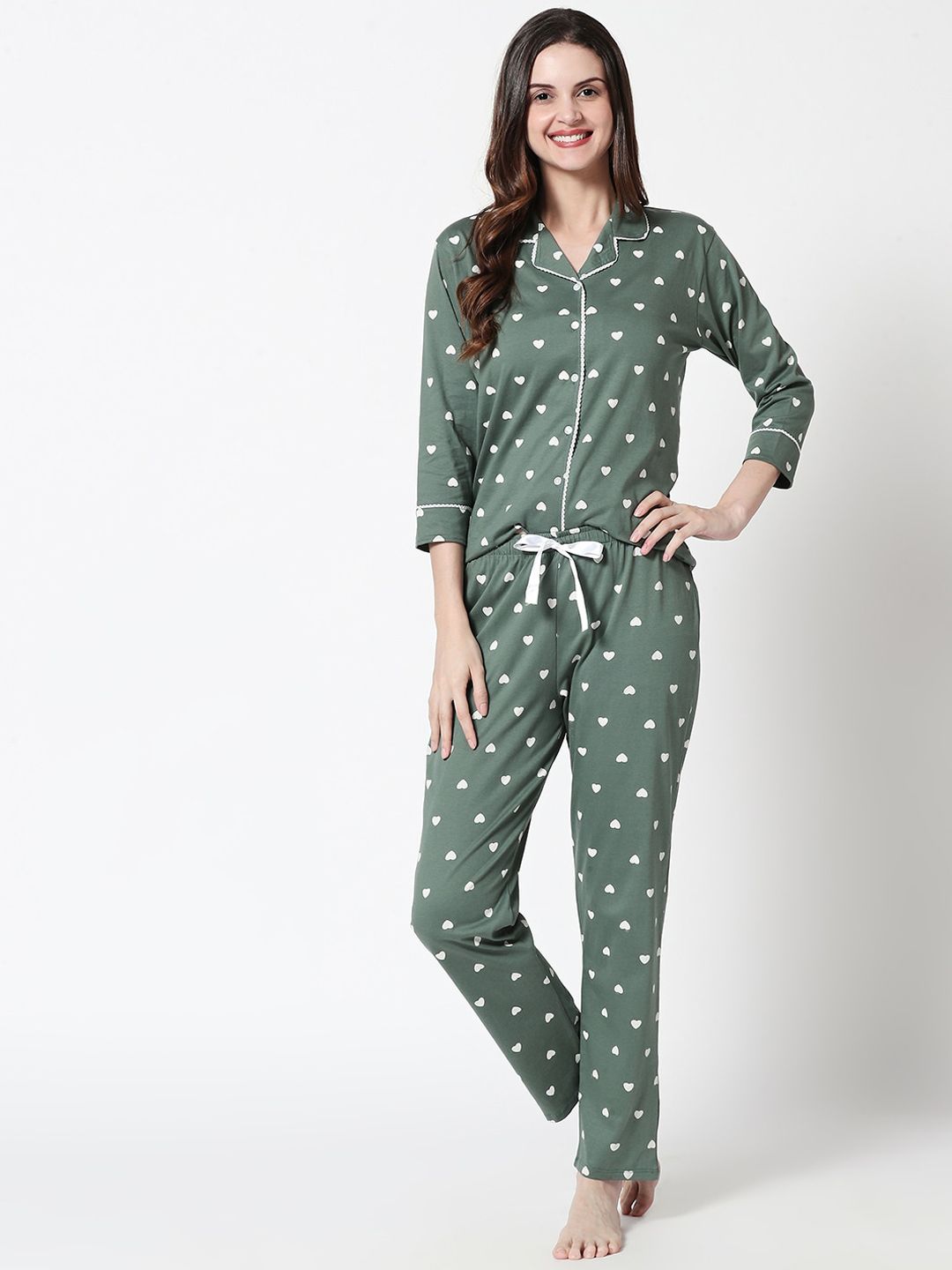 Zeyo Women Green & White Printed Pure Cotton Night suit Price in India