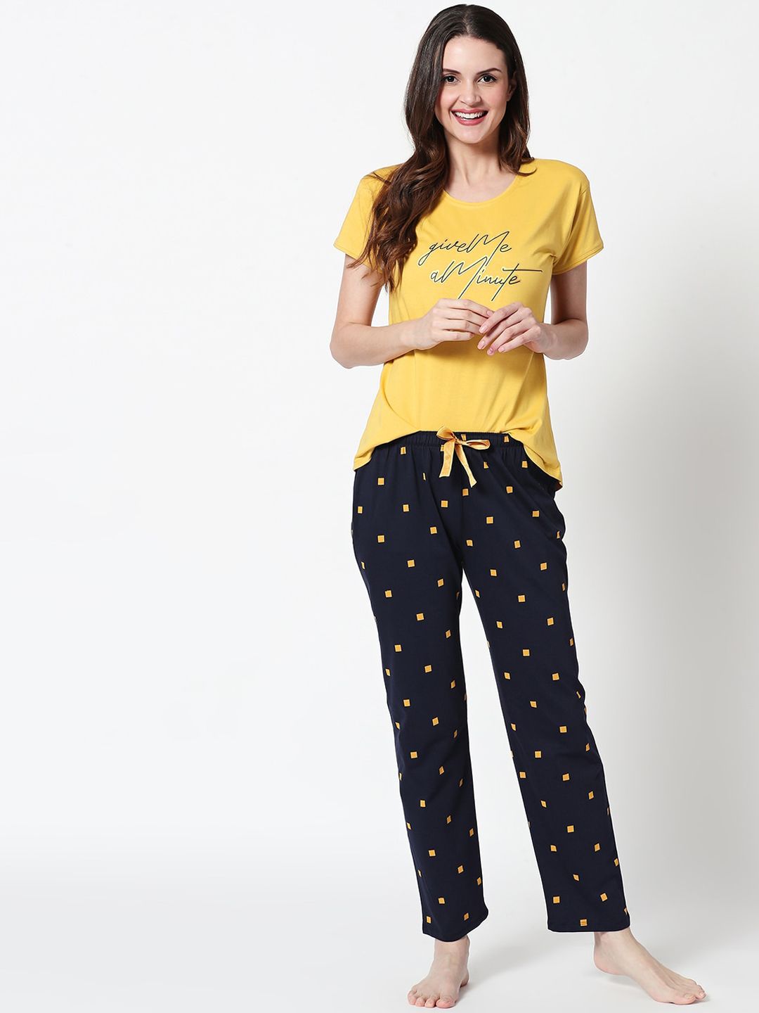 Zeyo Women Yellow & Black Printed Pure Cotton Night suit Price in India