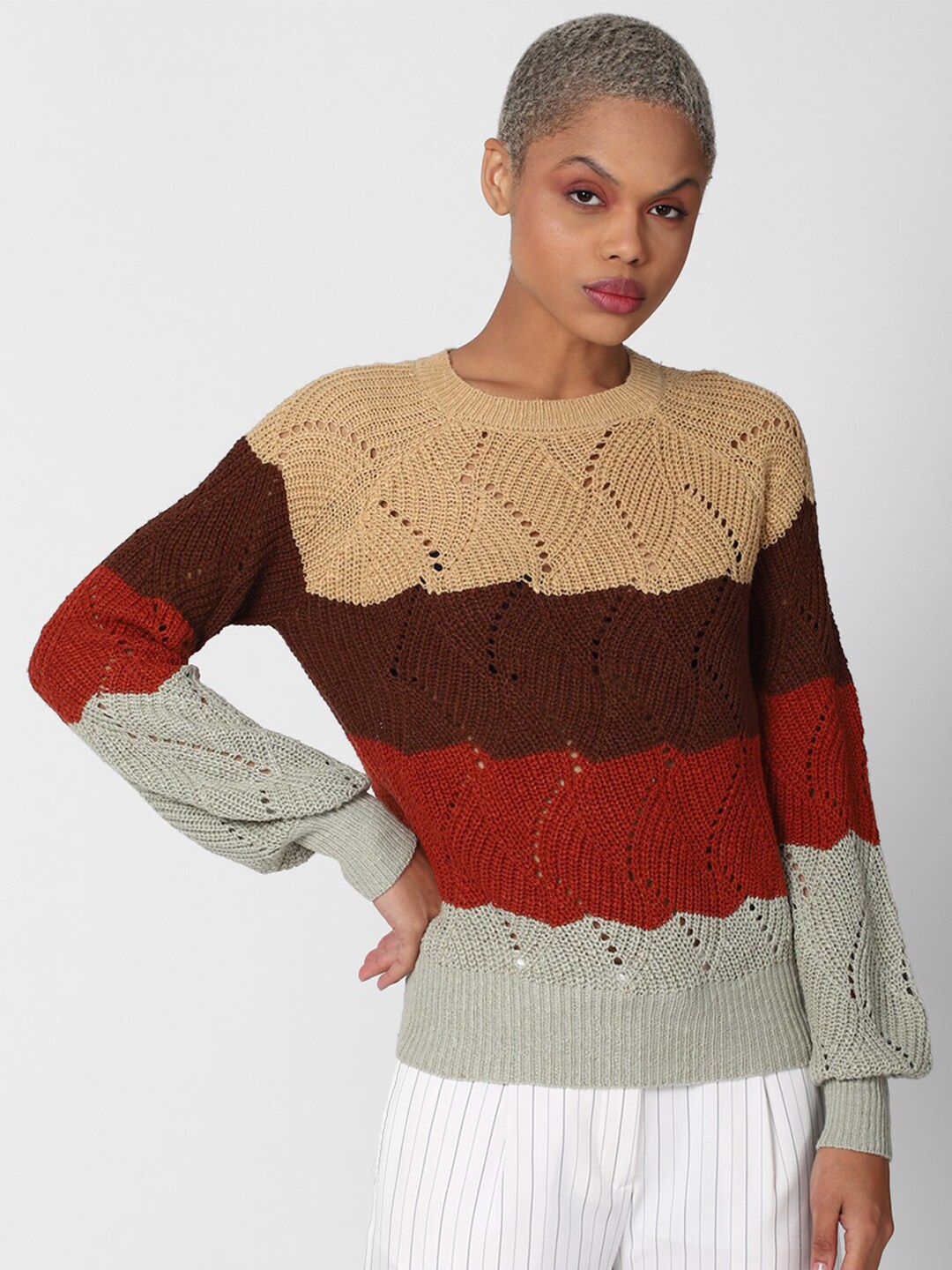 FOREVER 21 Women Tan & Brown Cable Knit Colourblocked Pullover Price in India