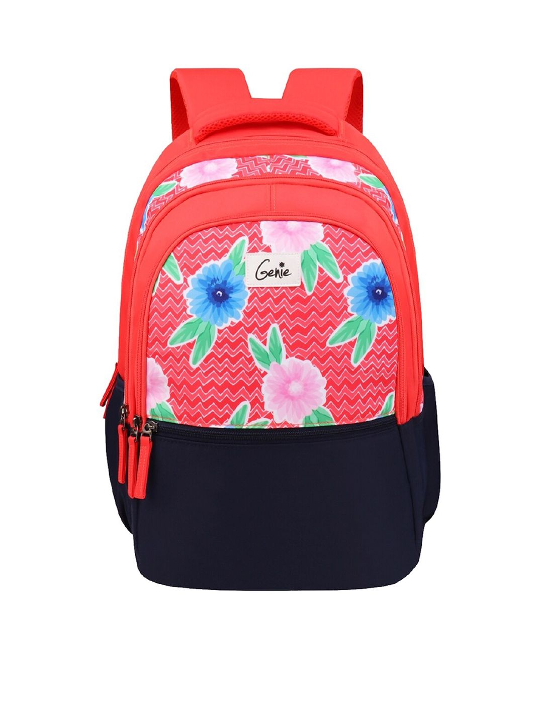 Genie Women Coral & Navy Blue Graphic Backpack Price in India