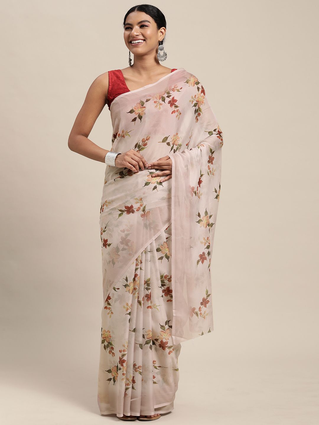 Mitera Pink & Green Floral Print Pure Silk Saree Price in India