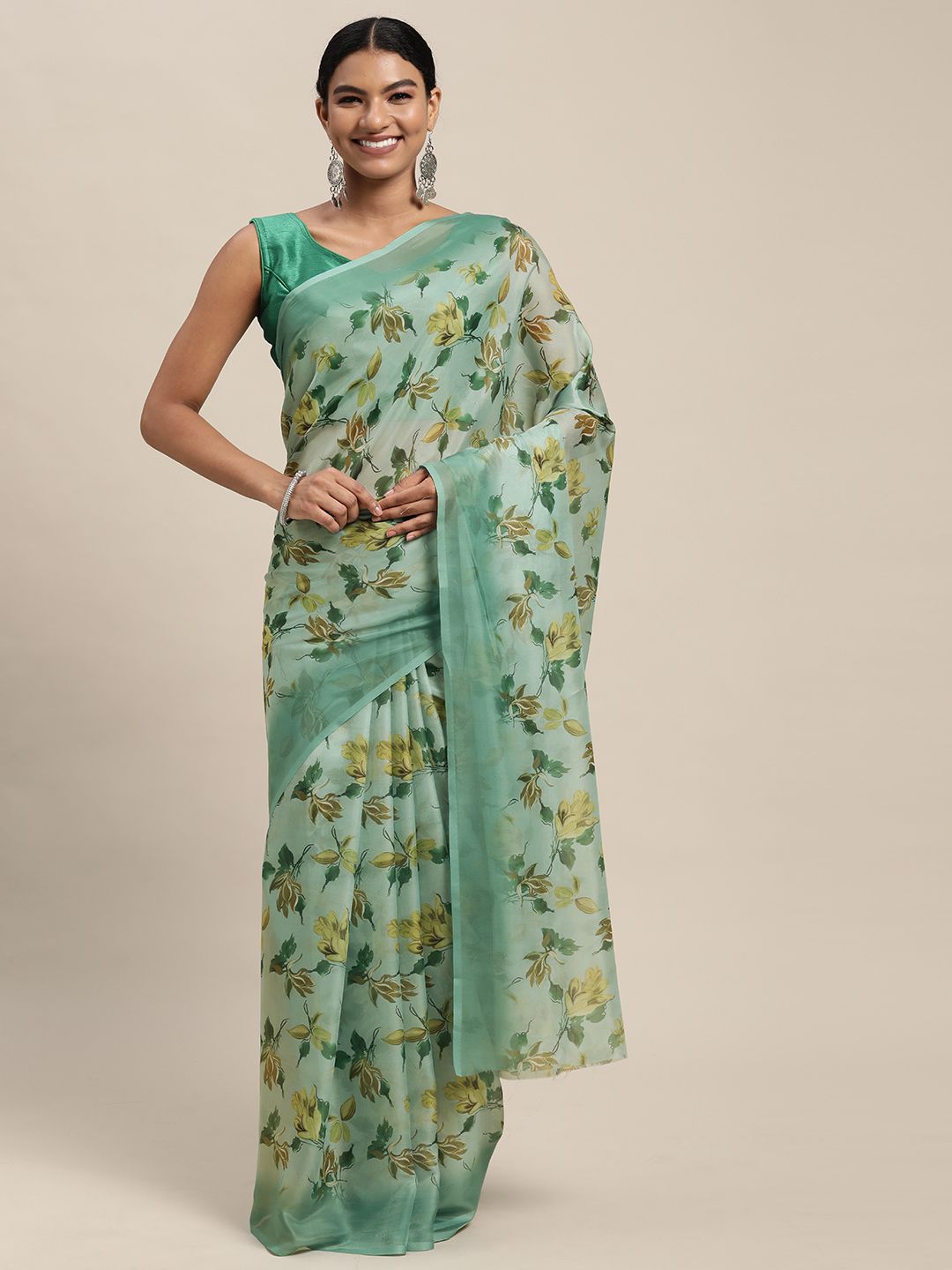 Mitera Blue & Yellow Floral Print Pure Silk Saree Price in India