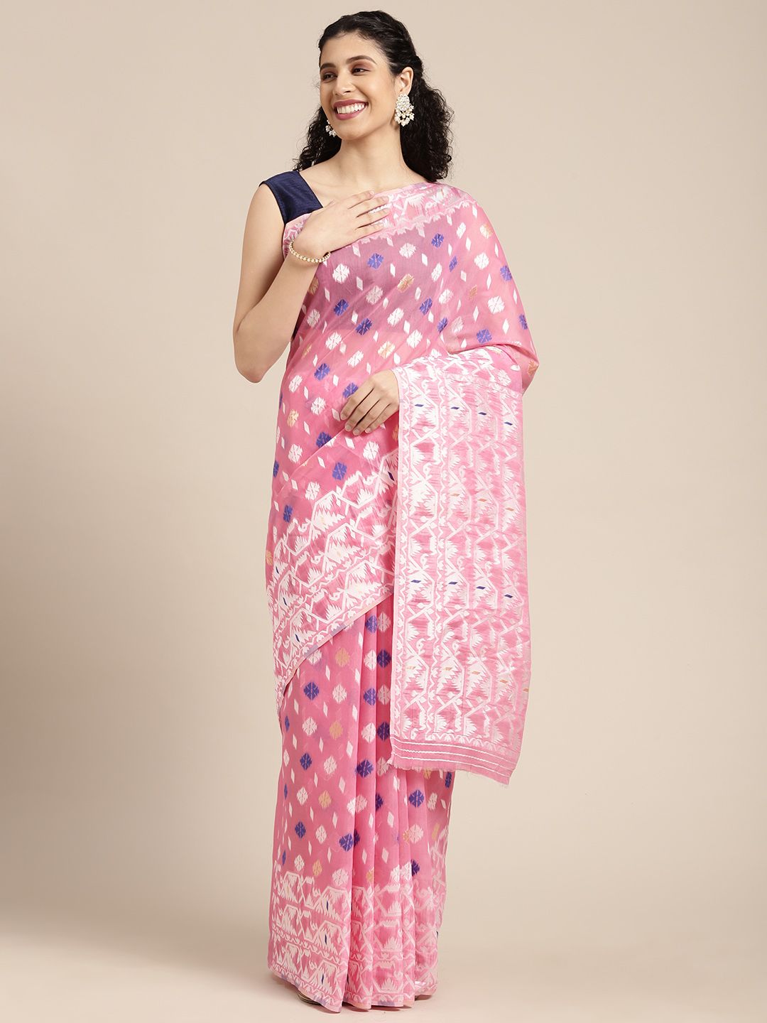 Mitera Pink & White Woven Design Jamdani Saree Price in India