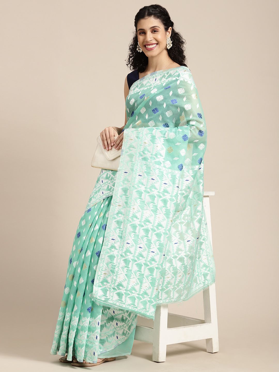 Mitera Green & White Woven Design Jamdani Saree Price in India