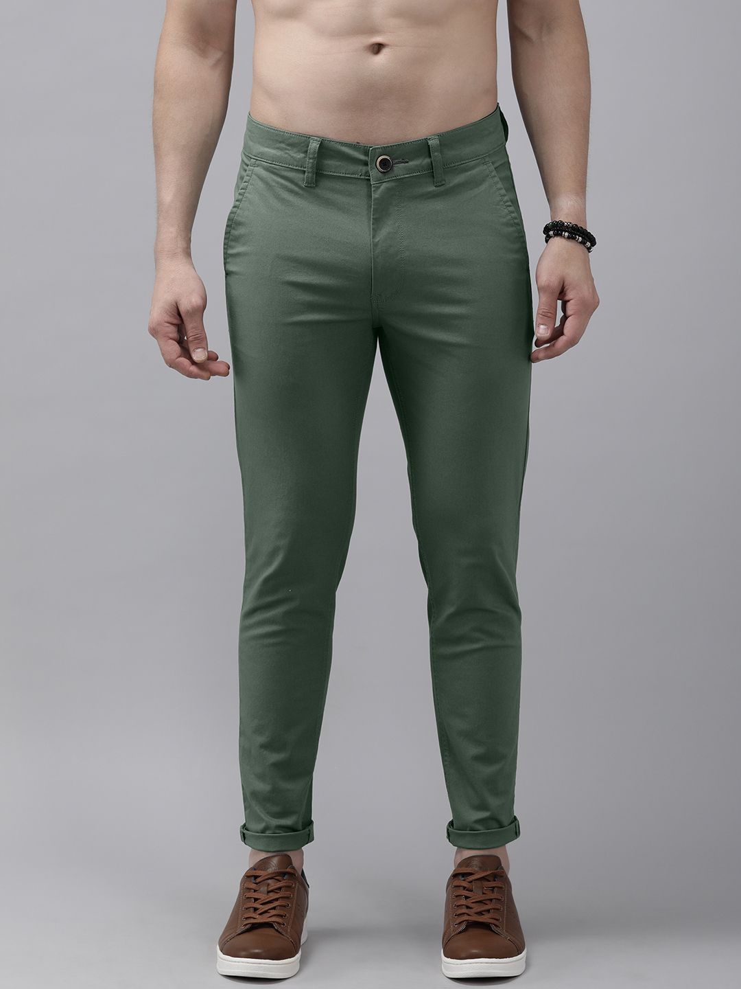 The Roadster Lifestyle Co Men Sage Green Slim Fit Chinos Trousers