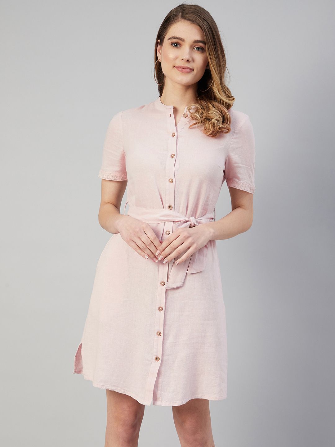 Marks & Spencer Pink Solid Shirt Mini Dress With Tie-Ups Price in India