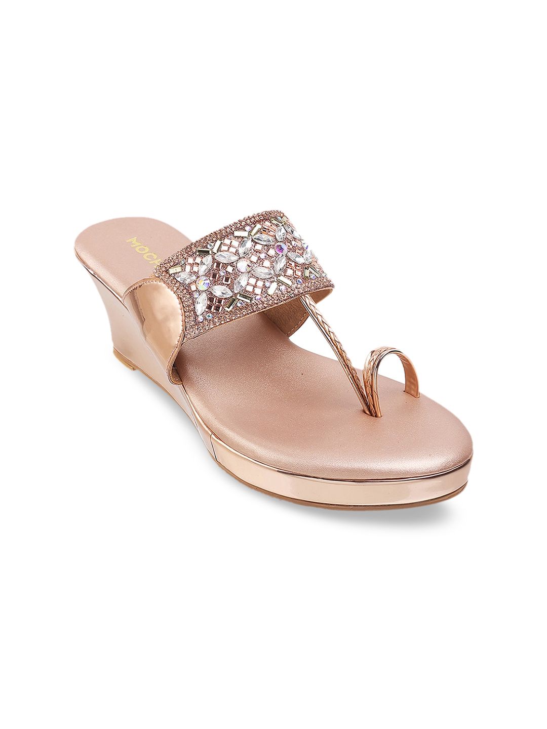 Mochi Rose Gold-Toned Embellished Open Toe Wedge Sandals Price in India