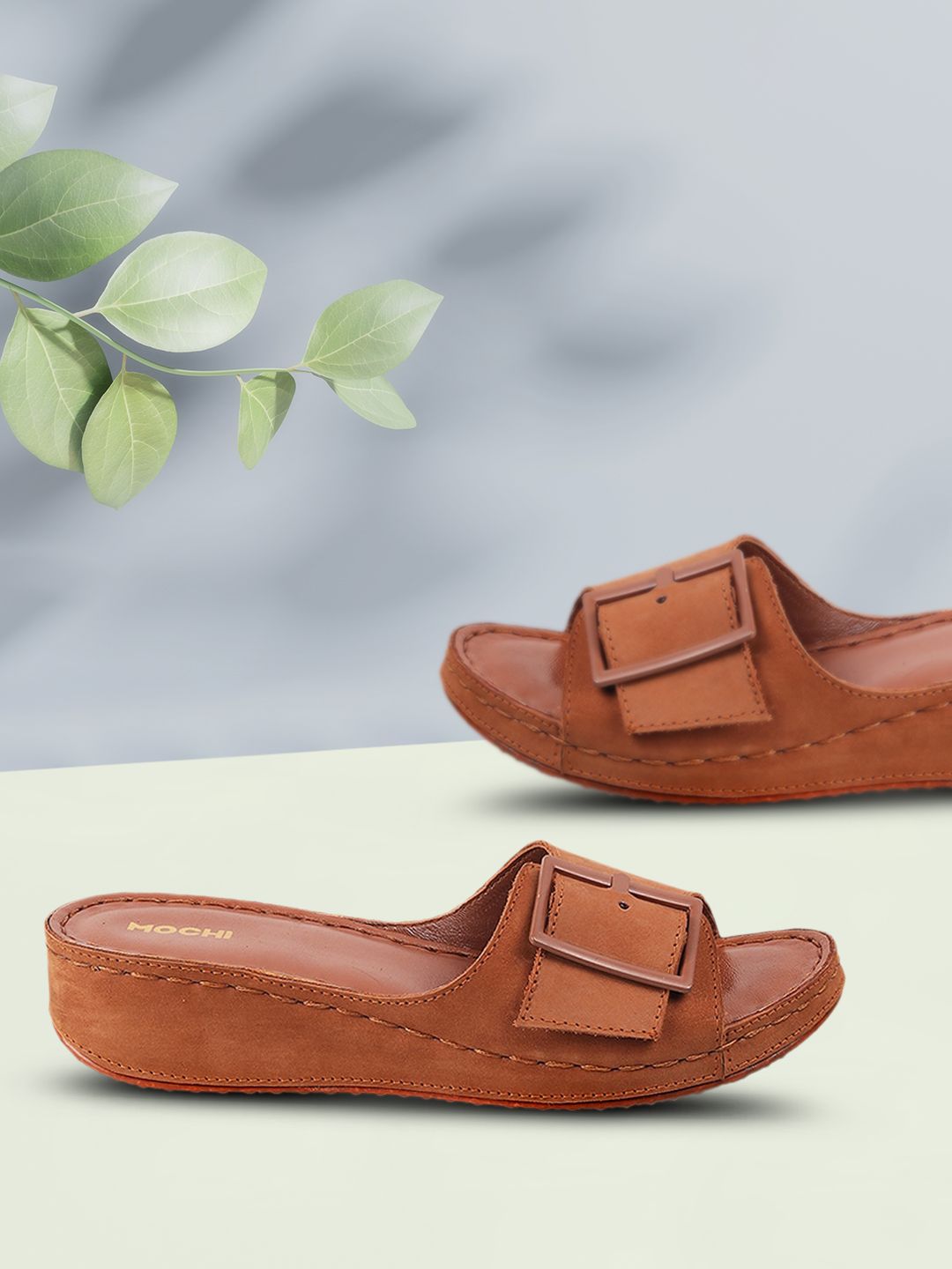 Mochi Tan Open Toe Wedges with Buckles Price in India