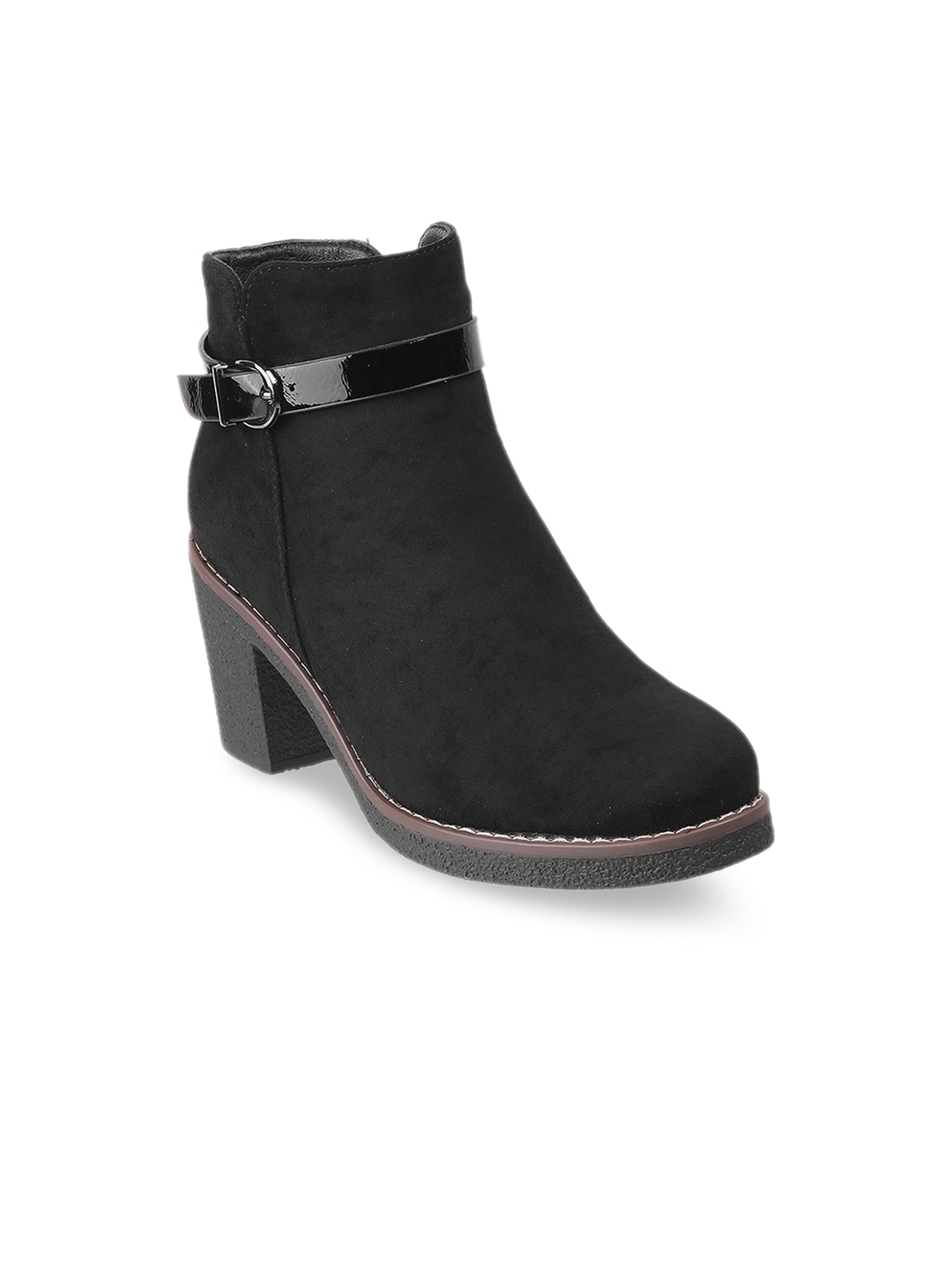 Mochi Black Solid Block Heeled Boots with Buckles Price in India