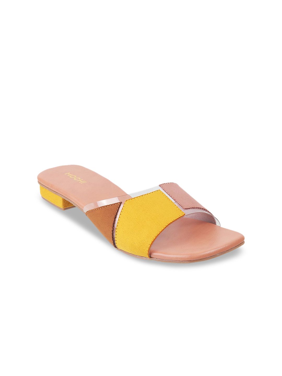 Mochi Women Peach-Coloured & Yellow Colourblocked Open Toe Flats Price in India